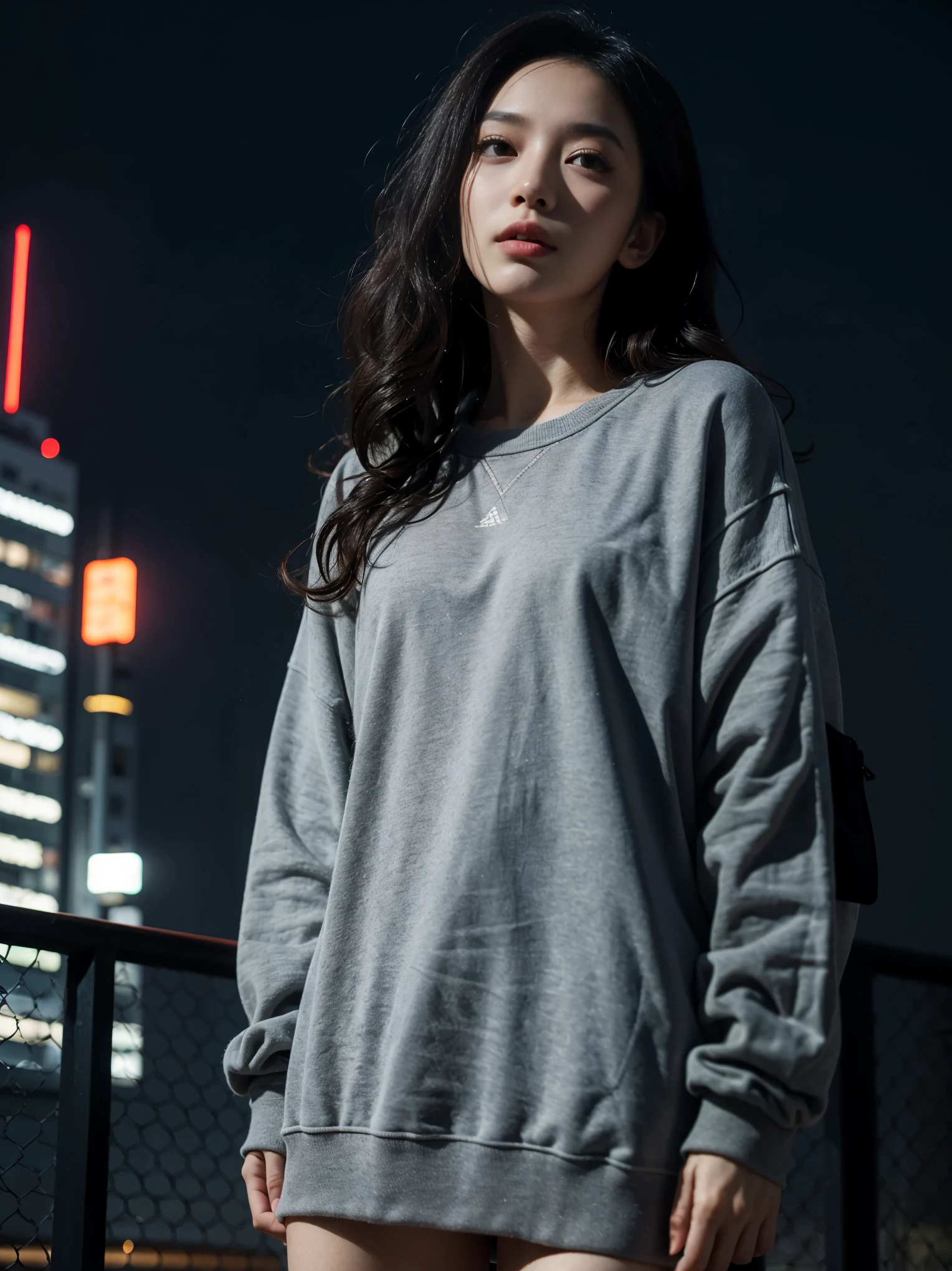 1 girl, beautiful, wavy hair, almond eye, no makeup, grey sweatshirt, oversize_shirt, in front of the fence, City of night, cyberpunk atmosphere, close, (from below:1.2), (realistic:1.2), (surreal:1.3), (very detailed:1.1), ((masterpiece)),