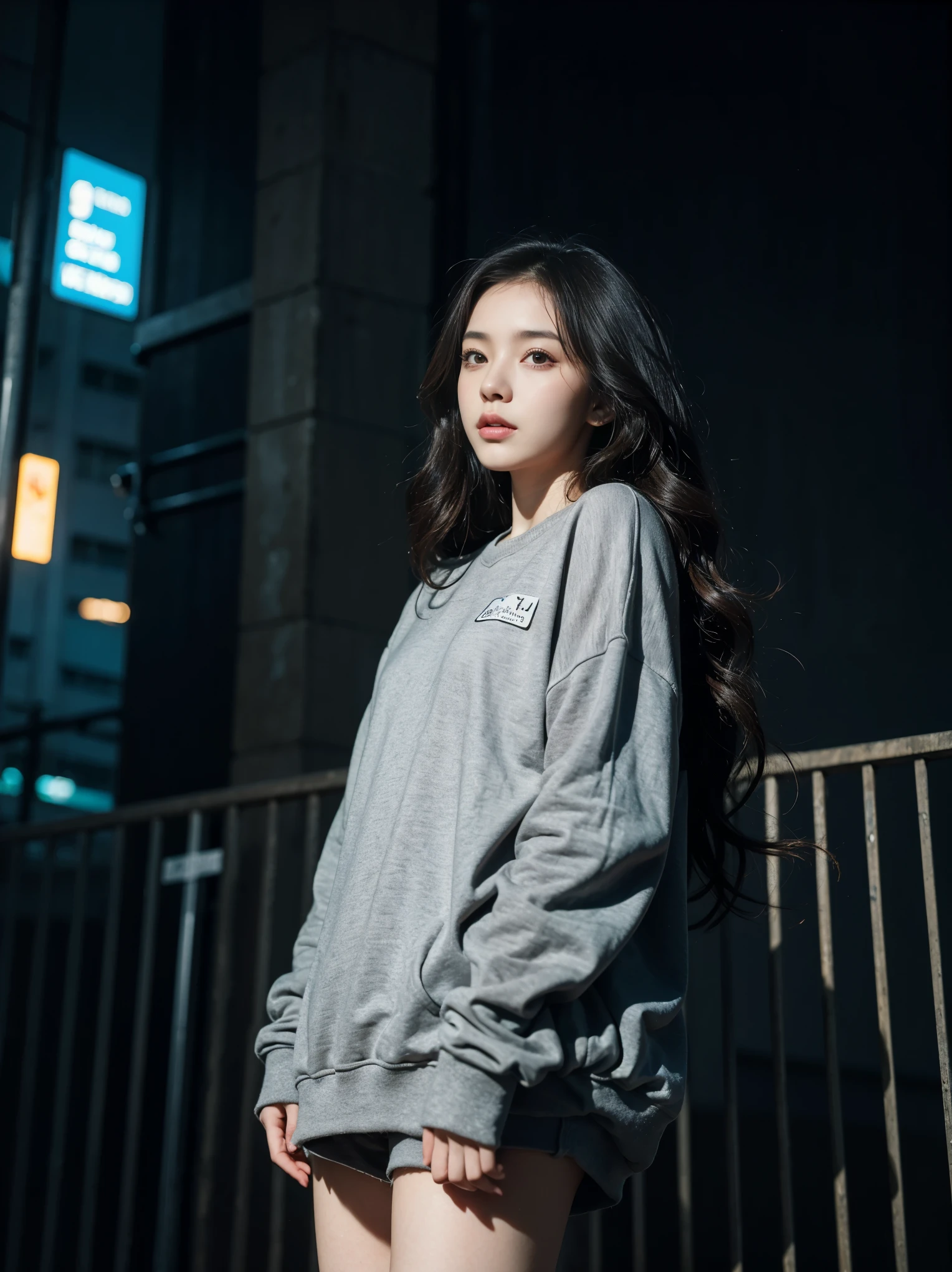 1 girl, beautiful, wavy hair, almond eye, no makeup, grey sweatshirt, oversize_shirt, in front of the fence, City of night, cyberpunk atmosphere, close, (from below:1.2), (realistic:1.2), (surreal:1.3), (very detailed:1.1), ((masterpiece)),