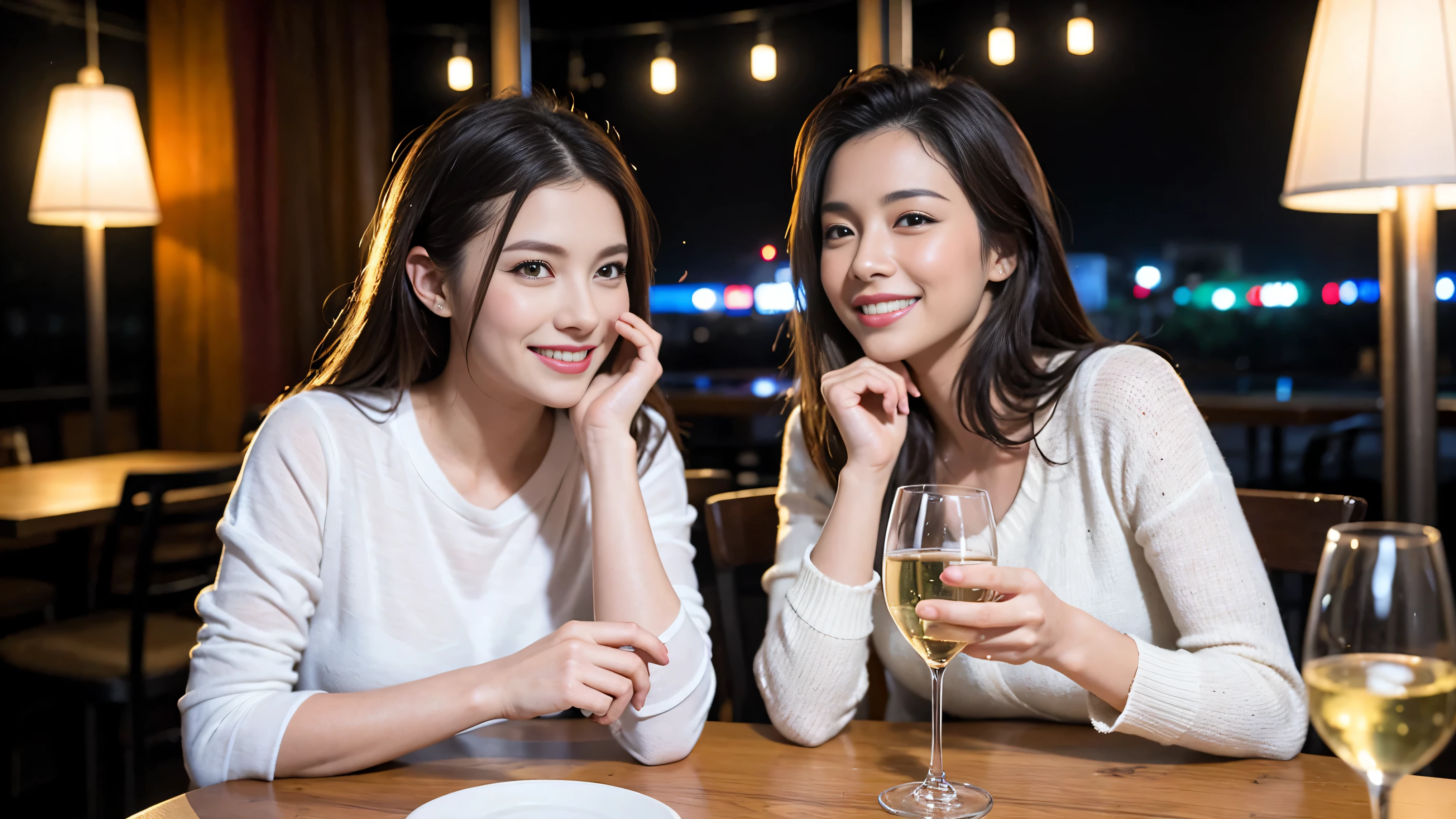 (including 64k, nffsw, highest quality, table top: 1.2), (realistic, photorealistic: 1.37), Spectacular view of the sunset sky and clouds、Amazing mountain views、long sleeve shirt、winter fashion、Columbia、Brazilian、Japanese、Dutch、German、Portuguese、Belgian、Italian、French,Champagne、sparkling wine、 (slimフェイス), (slimボティ), (brown hair), (shortcut), neat beauty、cheeks turn a little red, (35 years old), 38 years old, alone, 窓の外には美しく緻密なnight景が広がります., restaurant, wine glassが座っている, nightに, in a prominent place (from the Upper body) nova frog style, actress, model, Upper body, White wine, slim, wine glass, Super Clean night View, wine glass Put in the Middle, Happy smile, (smile: 1.15), beautiful and detailed eyes, Upper body, bust japan up, night, short, short, actress, model, Upper body, White wine, slim, wine glass, Super Clean night View, wine glass Put in the Middle, Happy smile,
