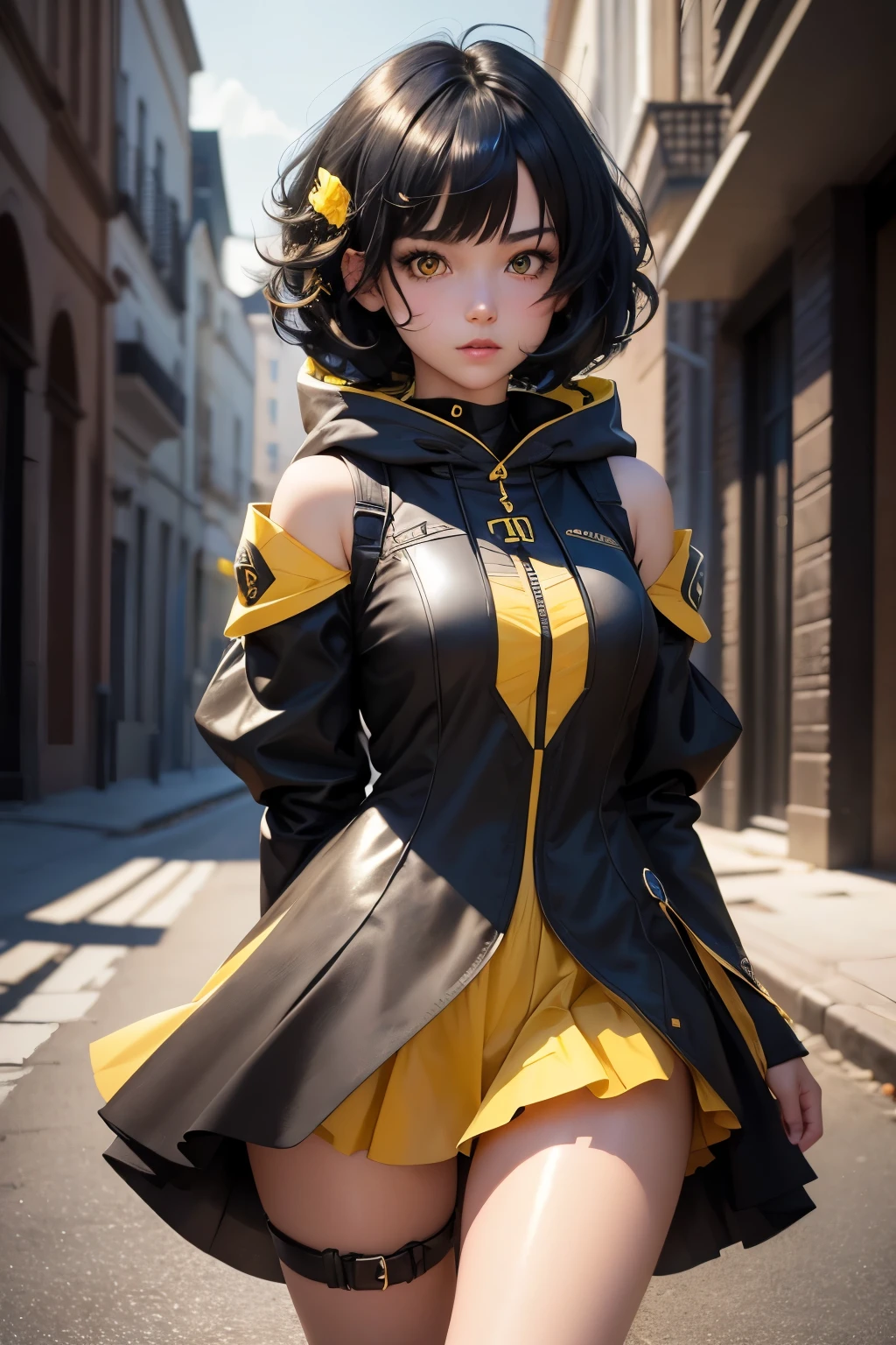 1girll, Masterpiece, Best quality, Ultra-detailed, Ray tracing, Perfect lighting, (Shiny skin:1.2),.ai_Large B0 black hair, short_Hair, Hair_decorations, ahoge, hair pin, Heterochromia, Blue_Eyes, Yellow_Eyes, Hood,