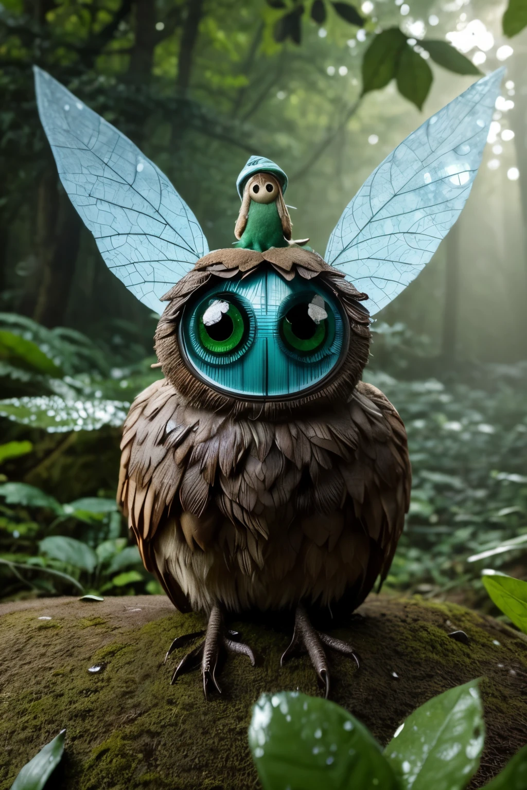 Large an extremely adorable big eyed horrifying creature with wild scruffy hair, and wings, The creature is sitting on a rock among green leaves. It has big, blue eyes that seem to be curious about something. The leaf hat is wet and has water droplets falling from it. The sunlight shines through the mist and creates a magical effect