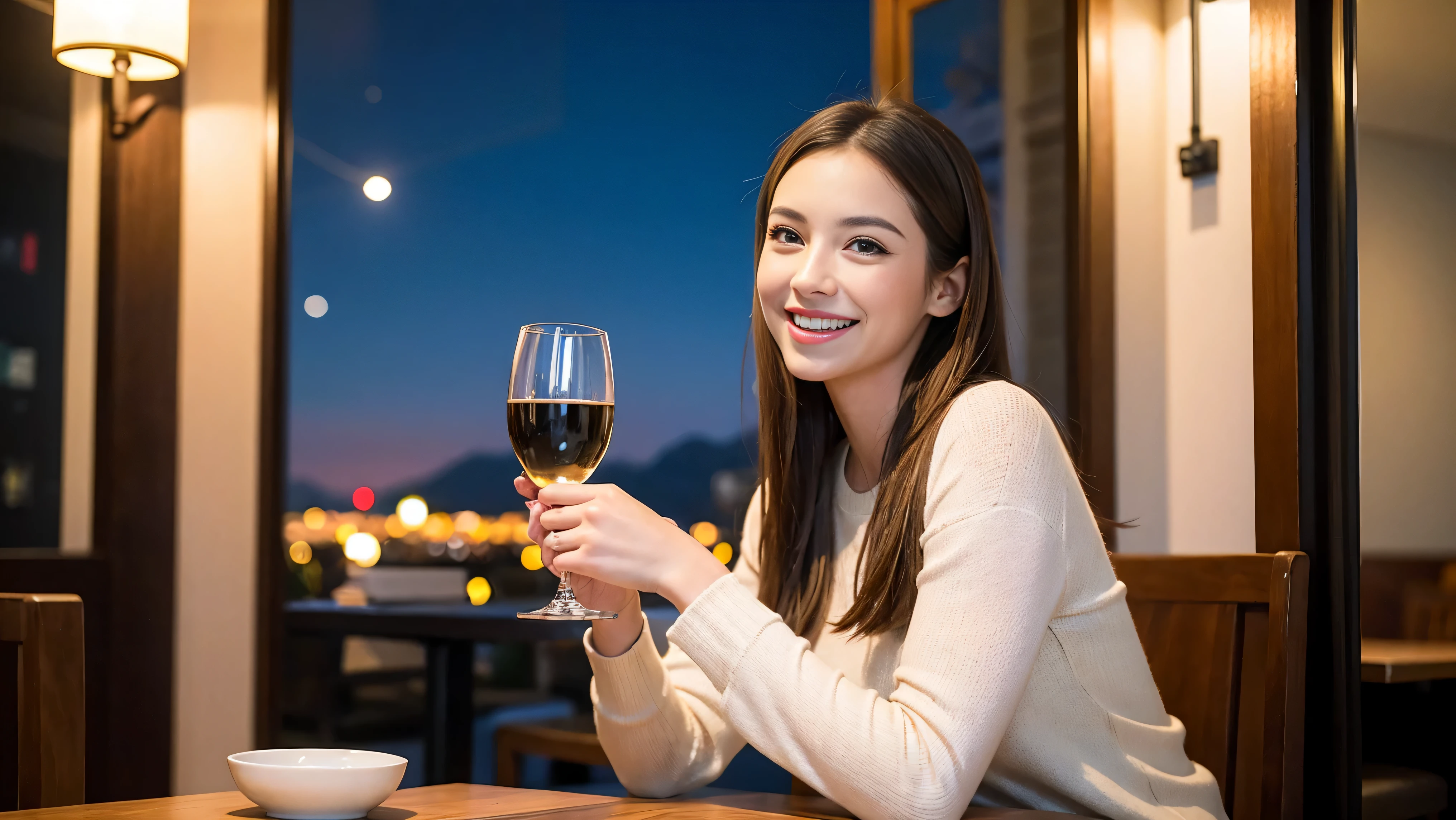 (including 64k, nffsw, highest quality, table top: 1.2), (realistic, photorealistic: 1.37), Spectacular view of the sunset sky and clouds、Amazing mountain views、long sleeve shirt、winter fashion、Columbia、Brazilian、Japanese、Dutch、German、Portuguese、Belgian、Italian、French,Champagne、sparkling wine、 (slimフェイス), (slimボティ), (brown hair), (shortcut), neat beauty、cheeks turn a little red, (35 years old), 38 years old, alone, 窓の外には美しく緻密なnight景が広がります., restaurant, wine glassが座っている, nightに, in a prominent place (from the Upper body) nova frog style, actress, model, Upper body, White wine, slim, wine glass, Super Clean night View, wine glass Put in the Middle, Happy smile, (smile: 1.15), beautiful and detailed eyes, Upper body, bust japan up, night, short, short, actress, model, Upper body, White wine, slim, wine glass, Super Clean night View, wine glass Put in the Middle, Happy smile,