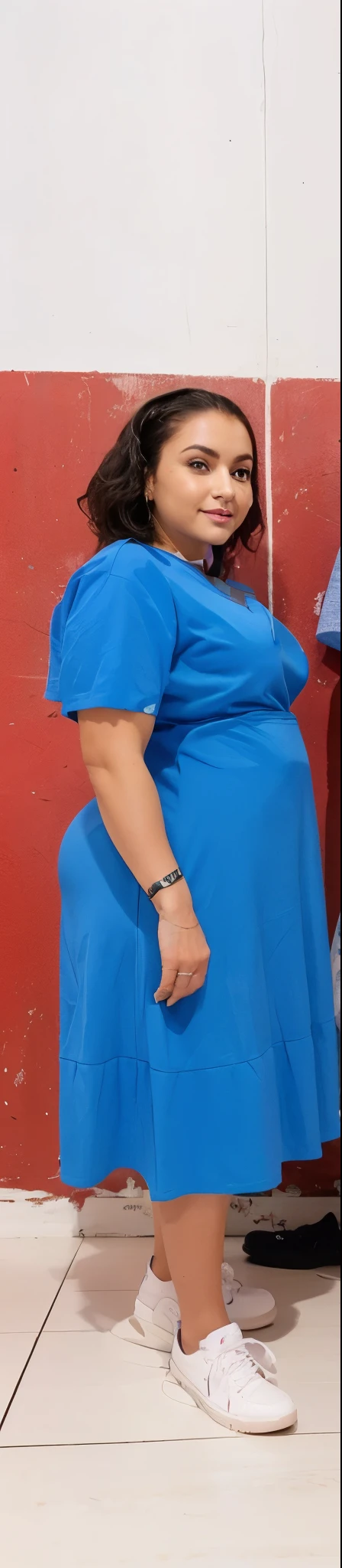 Uma mulher extremamente realista, muito linda, usando vestido azul, all star sneakers, cabelos cacheados, bunda grande, pernas grossas, Fitness