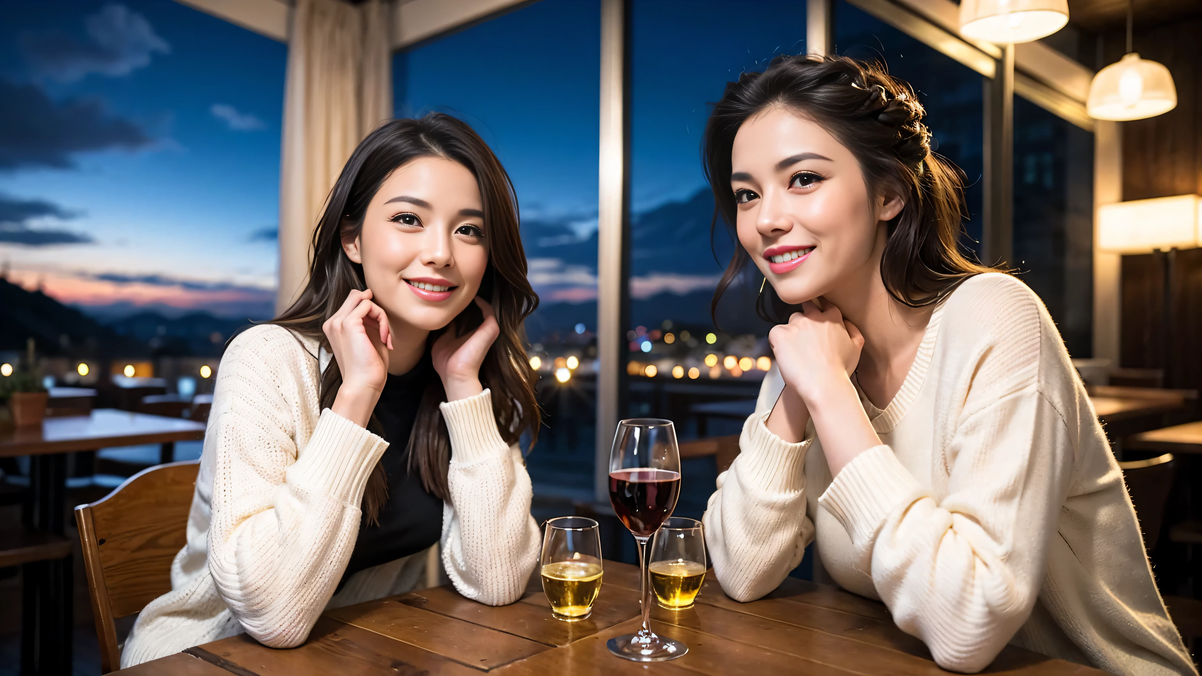 (including 64k, nffsw, highest quality, table top: 1.2), (realistic, photorealistic: 1.37), Spectacular view of the sunset sky and clouds、Amazing mountain views、long sleeve shirt、winter fashion、Columbia、Brazilian、Japanese、Dutch、German、Portuguese、Belgian、Italian、French,Champagne、sparkling wine、 (slimフェイス), (slimボティ), (brown hair), (shortcut), neat beauty、cheeks turn a little red, (35 years old), 38 years old, alone, 窓の外には美しく緻密なnight景が広がります., restaurant, wine glassが座っている, nightに, in a prominent place (from the Upper body) nova frog style, actress, model, Upper body, White wine, slim, wine glass, Super Clean night View, wine glass Put in the Middle, Happy smile, (smile: 1.15), beautiful and detailed eyes, Upper body, bust japan up, night, short, short, actress, model, Upper body, White wine, slim, wine glass, Super Clean night View, wine glass Put in the Middle, Happy smile,