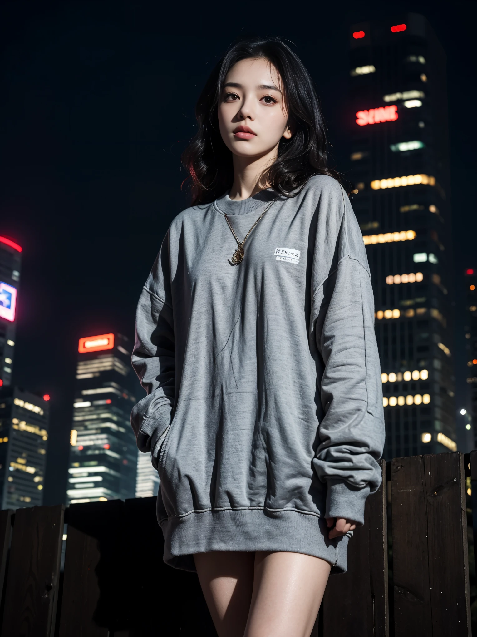 1 girl, beautiful, wavy hair, almond eye, no makeup, grey sweatshirt, oversize_shirt, in front of the fence, City of night, cyberpunk atmosphere, close, (from below:1.2), (realistic:1.2), (surreal:1.3), (very detailed:1.1), ((masterpiece)),