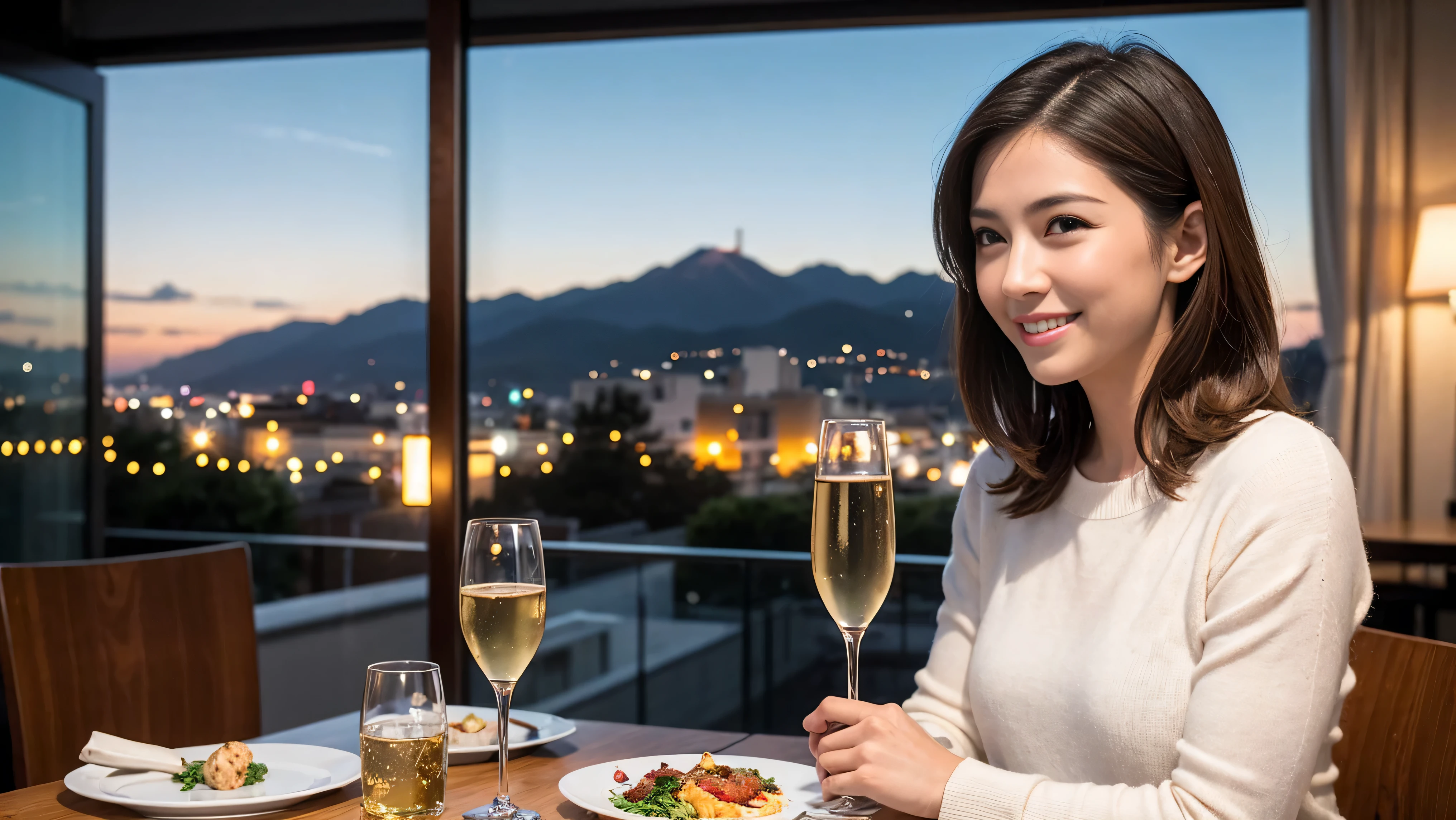 (including 64k, nffsw, highest quality, table top: 1.2), (realistic, photorealistic: 1.37), Spectacular view of the sunset sky and clouds、Amazing mountain views、long sleeve shirt、winter fashion、Columbia、Brazilian、Japanese、Dutch、German、Portuguese、Belgian、Italian、French,Champagne、sparkling wine、 (slimフェイス), (slimボティ), (brown hair), (shortcut), neat beauty、cheeks turn a little red, (35 years old), 38 years old, alone, 窓の外には美しく緻密なnight景が広がります., restaurant, wine glassが座っている, nightに, in a prominent place (from the Upper body) nova frog style, actress, model, Upper body, White wine, slim, wine glass, Super Clean night View, wine glass Put in the Middle, Happy smile, (smile: 1.15), beautiful and detailed eyes, Upper body, bust japan up, night, short, short, actress, model, Upper body, White wine, slim, wine glass, Super Clean night View, wine glass Put in the Middle, Happy smile,