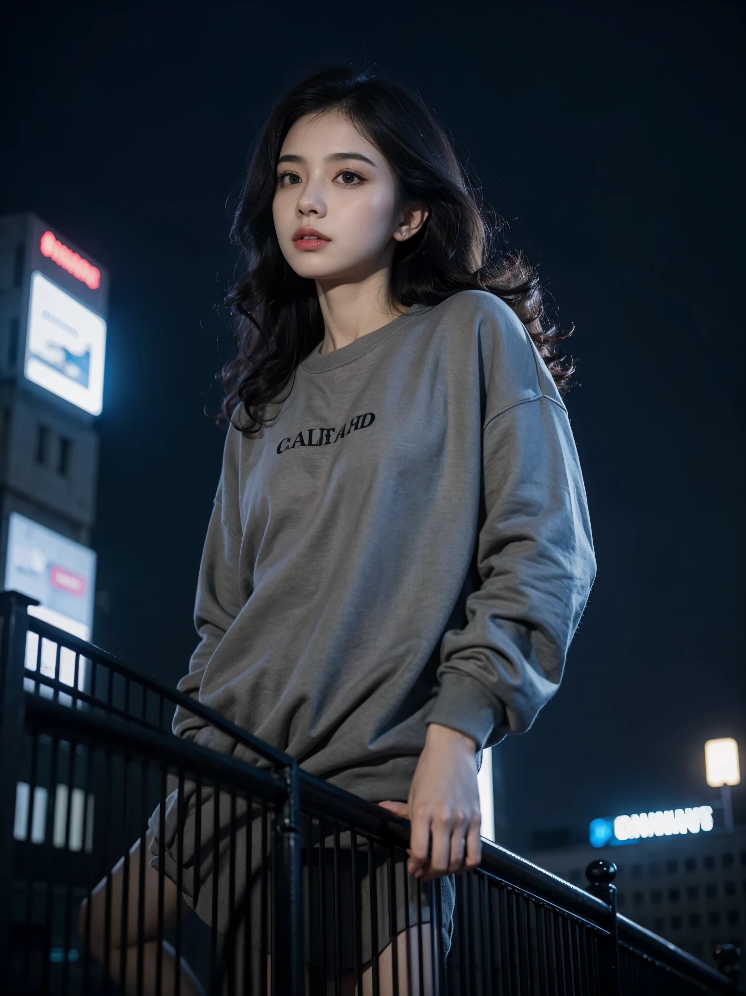 1 girl, beautiful, wavy hair, almond eye, no makeup, grey sweatshirt, oversize_shirt, in front of the fence, City of night, cyberpunk atmosphere, close, (from below:1.2), (realistic:1.2), (surreal:1.3), (very detailed:1.1), ((masterpiece)),