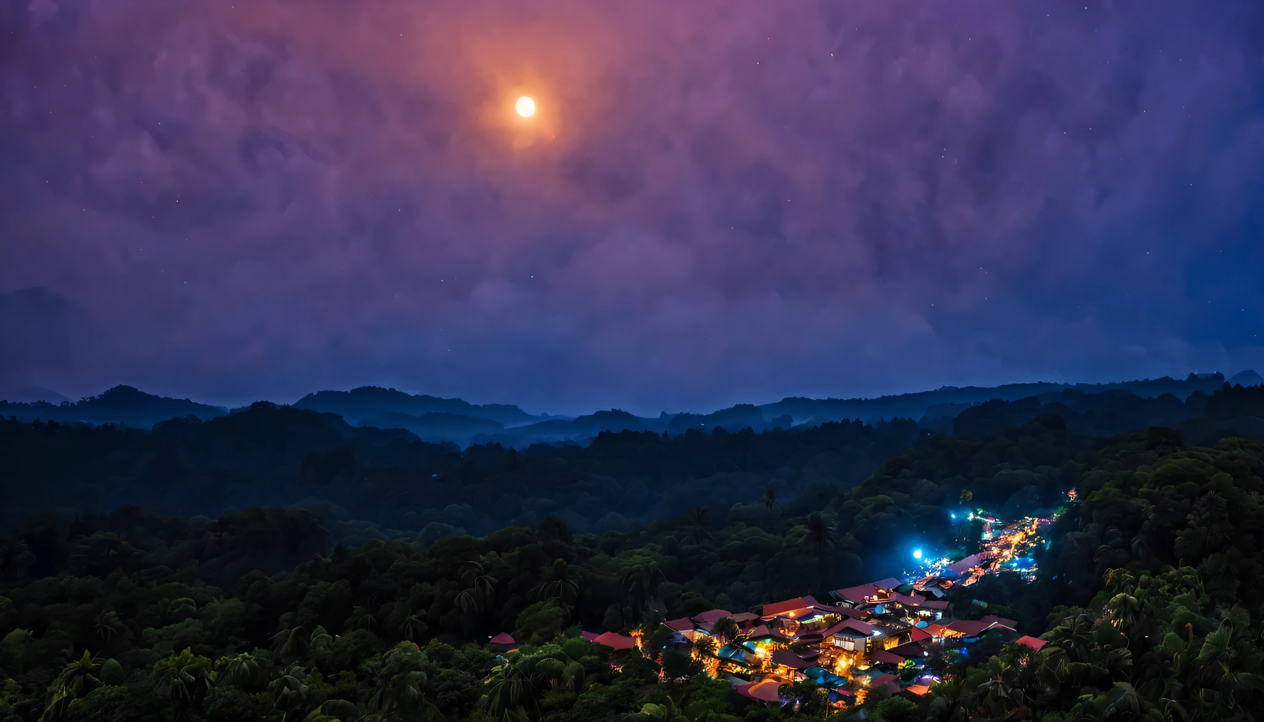 perkotaan di malam hari, di tengah tengah bangunan, dengan genangan air yang memantulkan bangunan bangunan ,malam hari penuh dengan lampu lampu, detailed, hd , 4k, hd resolution