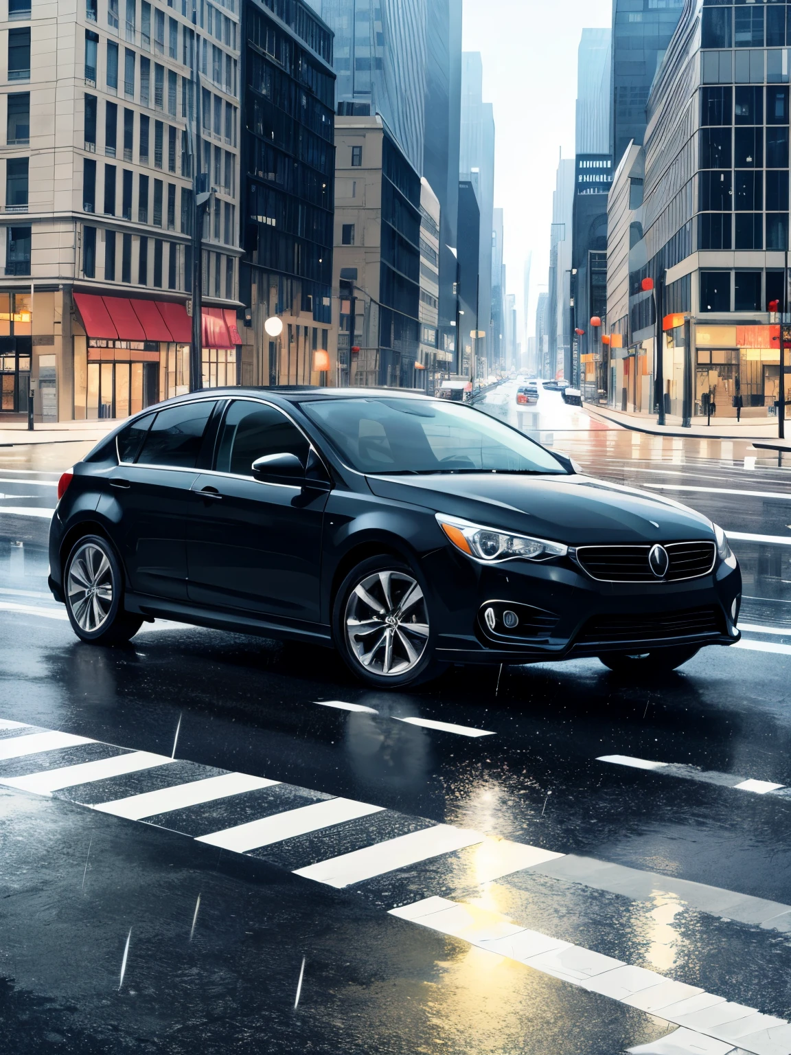 Cool car, black, in the city, raining, Midday,driving