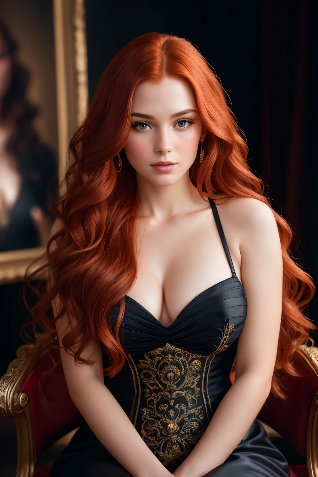 Beautiful redhead girl with brown eyes and long hair, (Extra long wavy red tresses), ((Portrait)), ((Detailed face:1.2)), ((detailed facial features)), (finely detailed skin), fair complexion, , sitting elegantly on a vintage chair, Studio environment, Radiating confidence, (Fashionable black dress), Reflectors, (Studio light setup), (Photorealistic rendering), (High resolution: 4K or above), (Sharp rendering: Retina ready), Masterpiece, (Cinematic mood), Captured using Canon EOS R6, 85mm Lens, F/1.4, Natural light, (Detailed