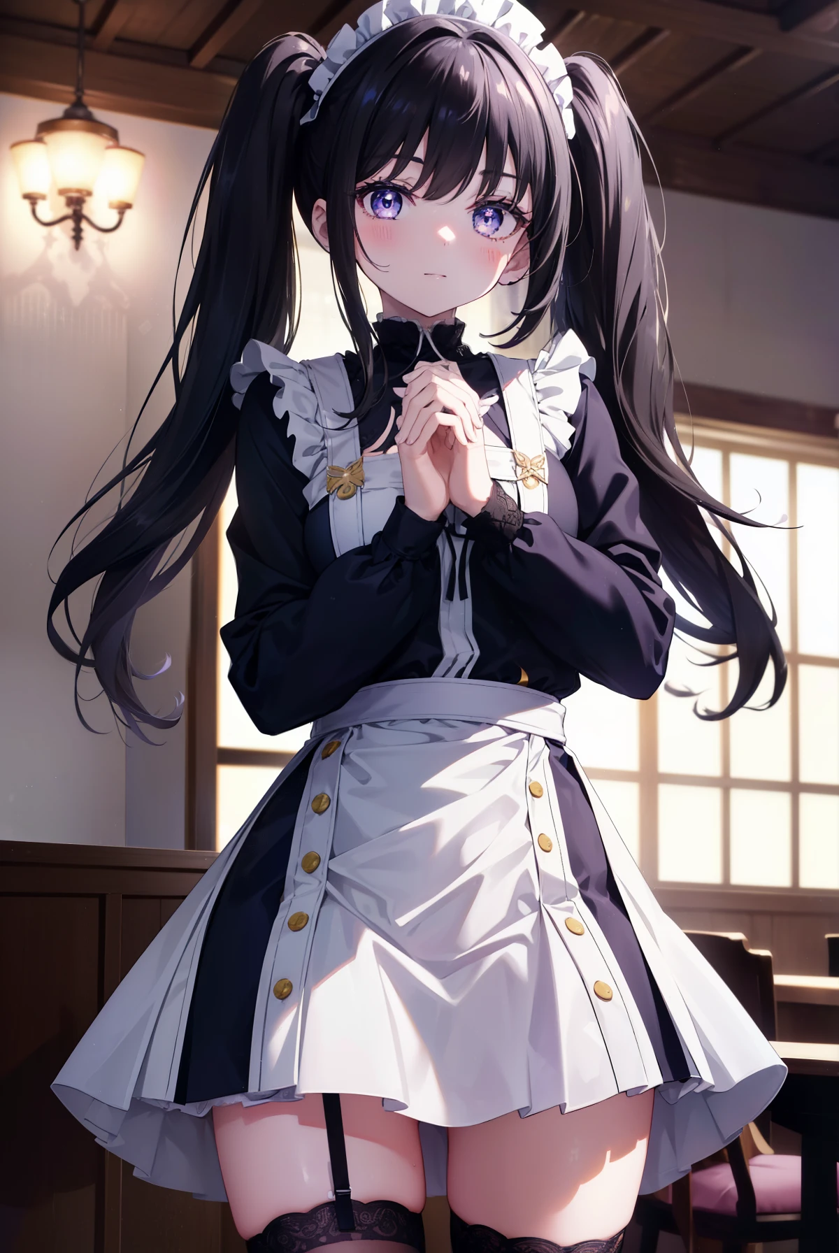 Takiuchi Kame, check it out, medium long hair, bangs, twin tails, black hair,blush,smile, (purple eyes:1.2),
she was wearing a maid skirt, white stockings on her legs, and lace gloves. Dignified standing figure,
break indoors, Cafe,
break looking at viewer, (cowboy shot:1.5),
break (masterpiece:1.2), highest quality, High resolution, unity 8k wallpaper, (figure:0.8), (detailed and beautiful eyes:1.6), highly detailed face, perfect lighting, Very detailed CG, (perfect hands, perfect anatomy),