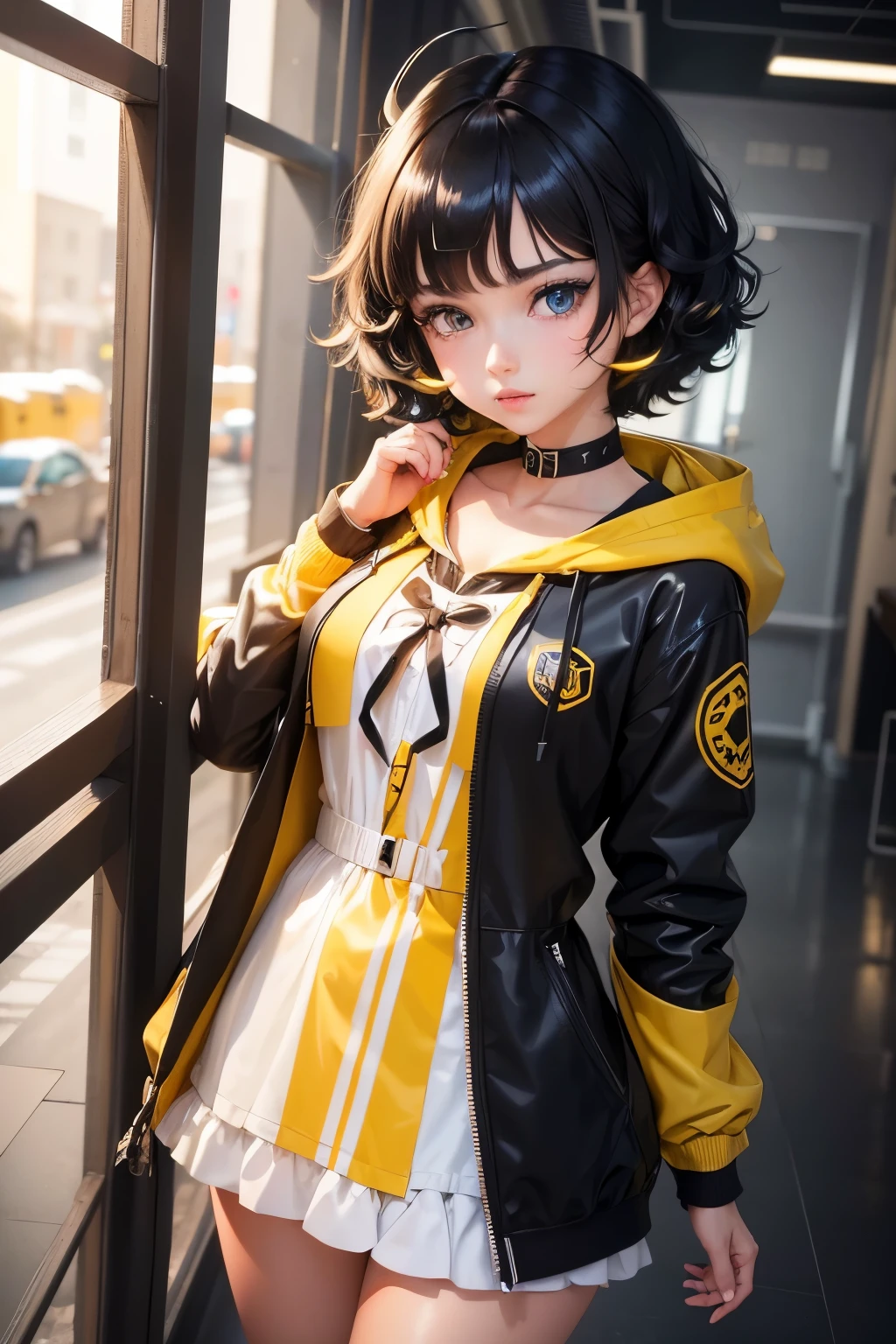 ，（​masterpiece，Highest Quality），Light yellow hoodie，plaid skirts，Short sleeved black hair