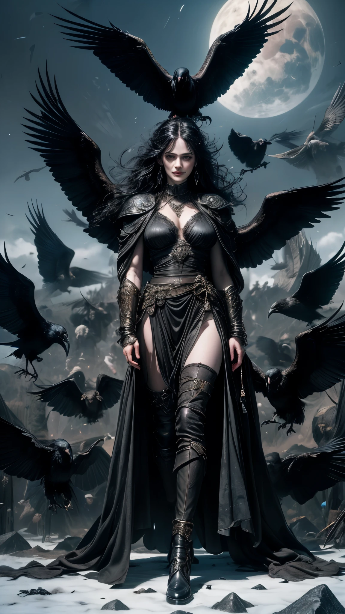 (best quality,4k,8k,highres,masterpiece:1.2),ultra-detailed, Irish Goddess the Morrigan, 3v4gr33n, raven black hair, cold dark eyes, standing on a celtic battlefield, sky filled with ravens, corpses on the ground, drawn in the style of Yoshitaka Amano, HDR, 8k, absurdres, cinestill 800, sharp focus, add_detail:2
