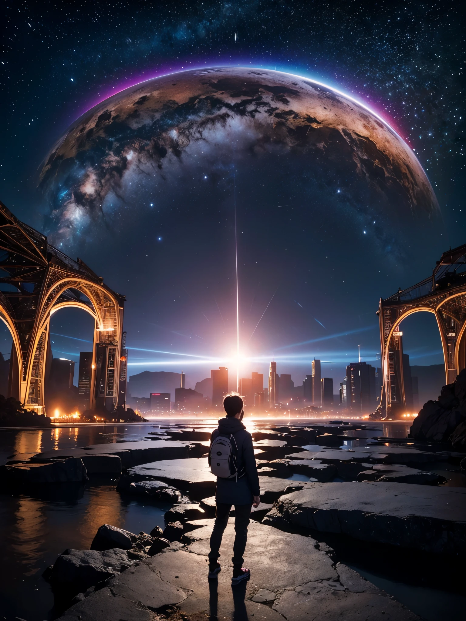Picture an image featuring a person immersed in a vibrant and dynamic environment that encapsulates the essence of various scientific fields. The person, portrayed as an avid explorer, stands at the center, symbolizing the curiosity and passion for knowledge. dark sky.