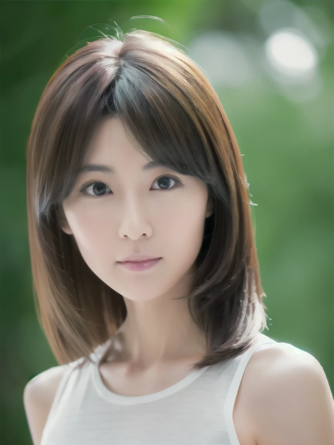 a Japanese lady, 35 years old, (realistic), (hyperrealism), (photorealistic), (8K resolusion), depth of field, (upper-body:1.2), super detailed face, detailed eyes, cute face, various face expression, various hair style, (small breasts:0.6), (very thin waist:0.7), casual outfit