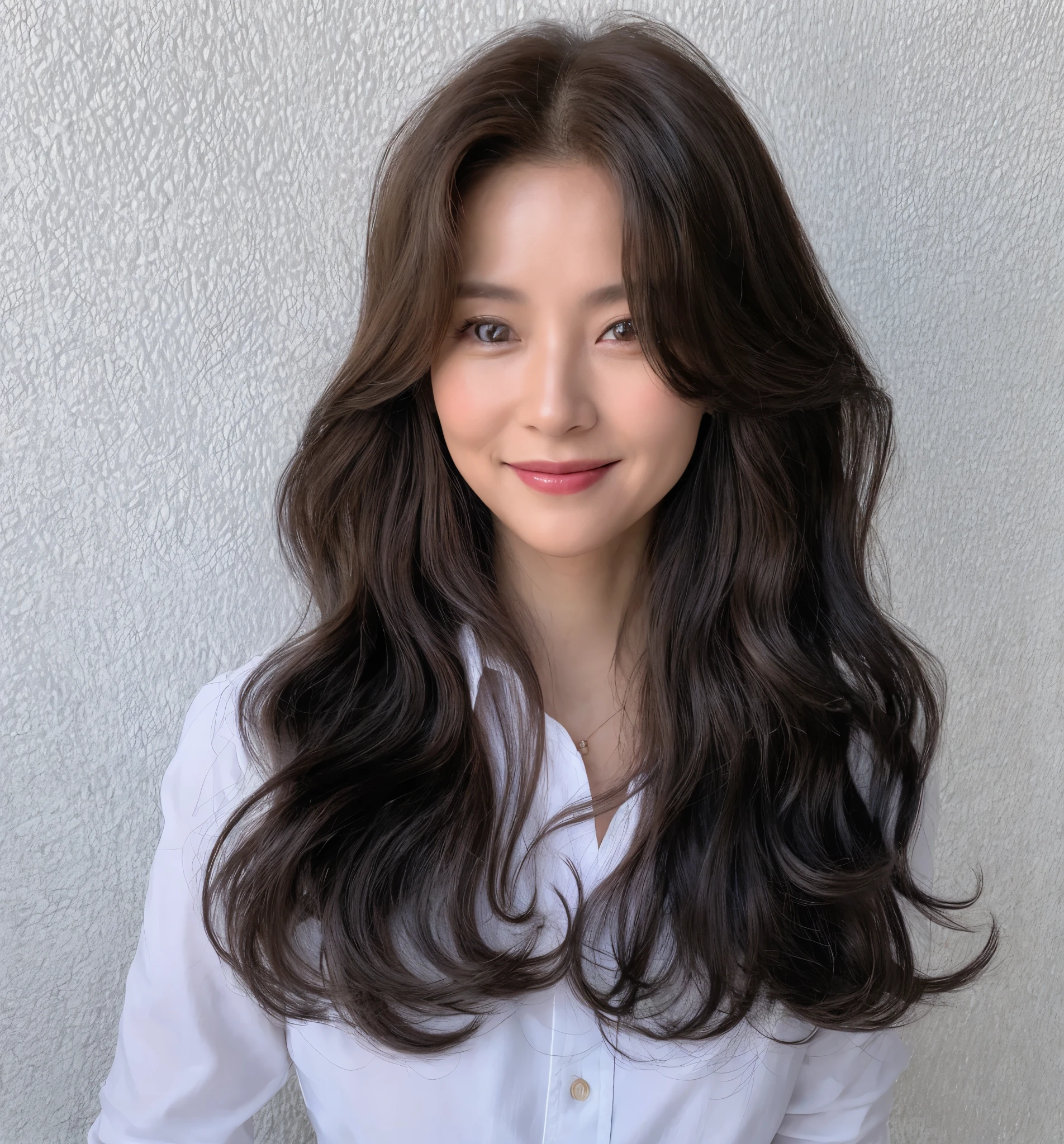 (In reality, high resolution:1.3, masterpiece, 8K, best quality, ultra detailed, studio shoot, photo realistic:1.4, photography ),
40 years old korean woman looking at viewer,looking at viewer, smile very beautiful appearance, wavy hair, glossy hair,realistic eyes, Ultra-Detailed Face, Detailed Lips, normal hand, glossy lips, Highly detailed facial and skin texture, simple background