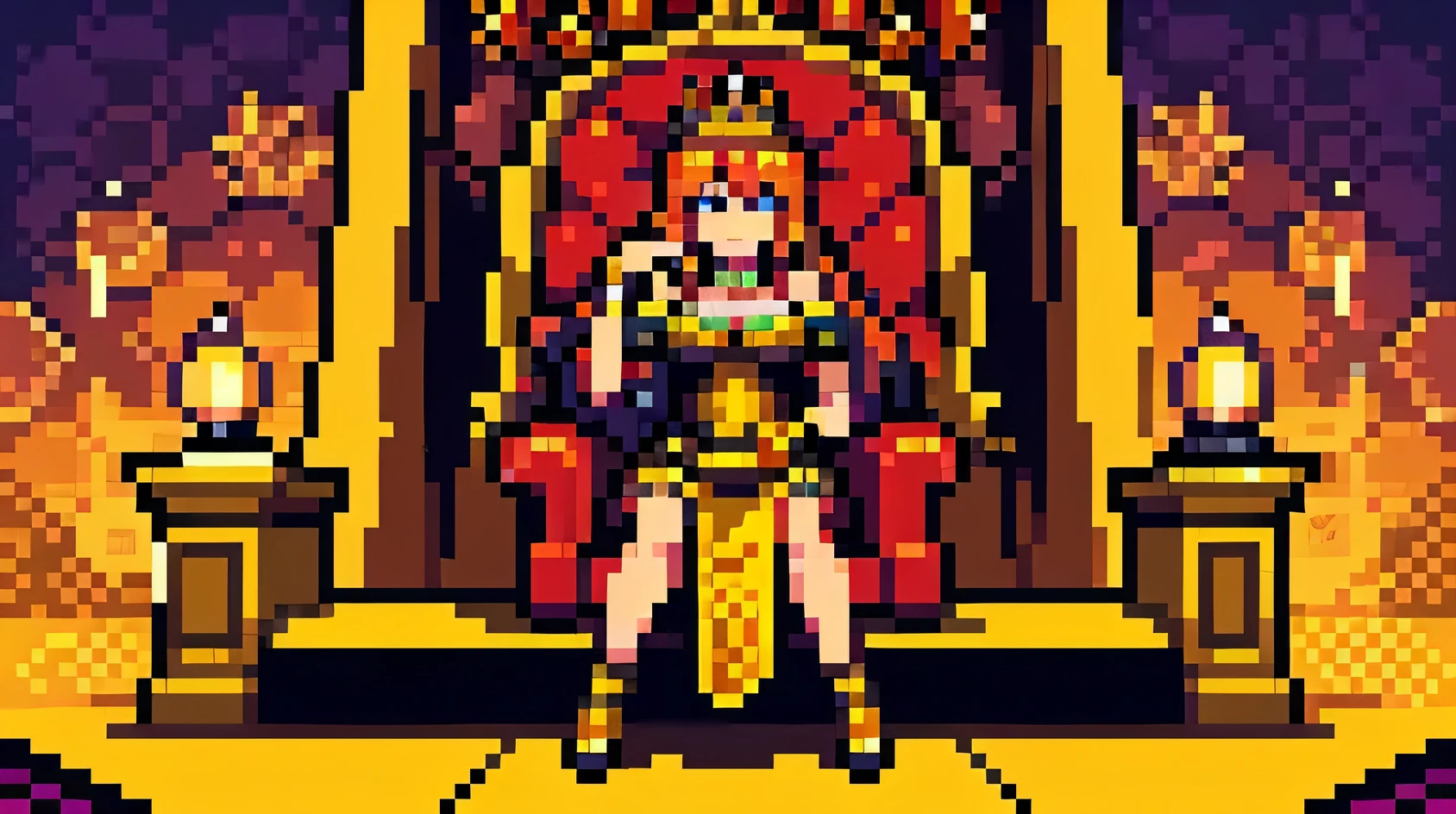 8 bit, detailed shading, highest quality, Pixel art style, concept art, 2d game model, pixel perfect, majestic queen bee seated on a royal throne, bees swarm around the queen bee, hexagonal honeycomb patterns , vibrant and royal color palette