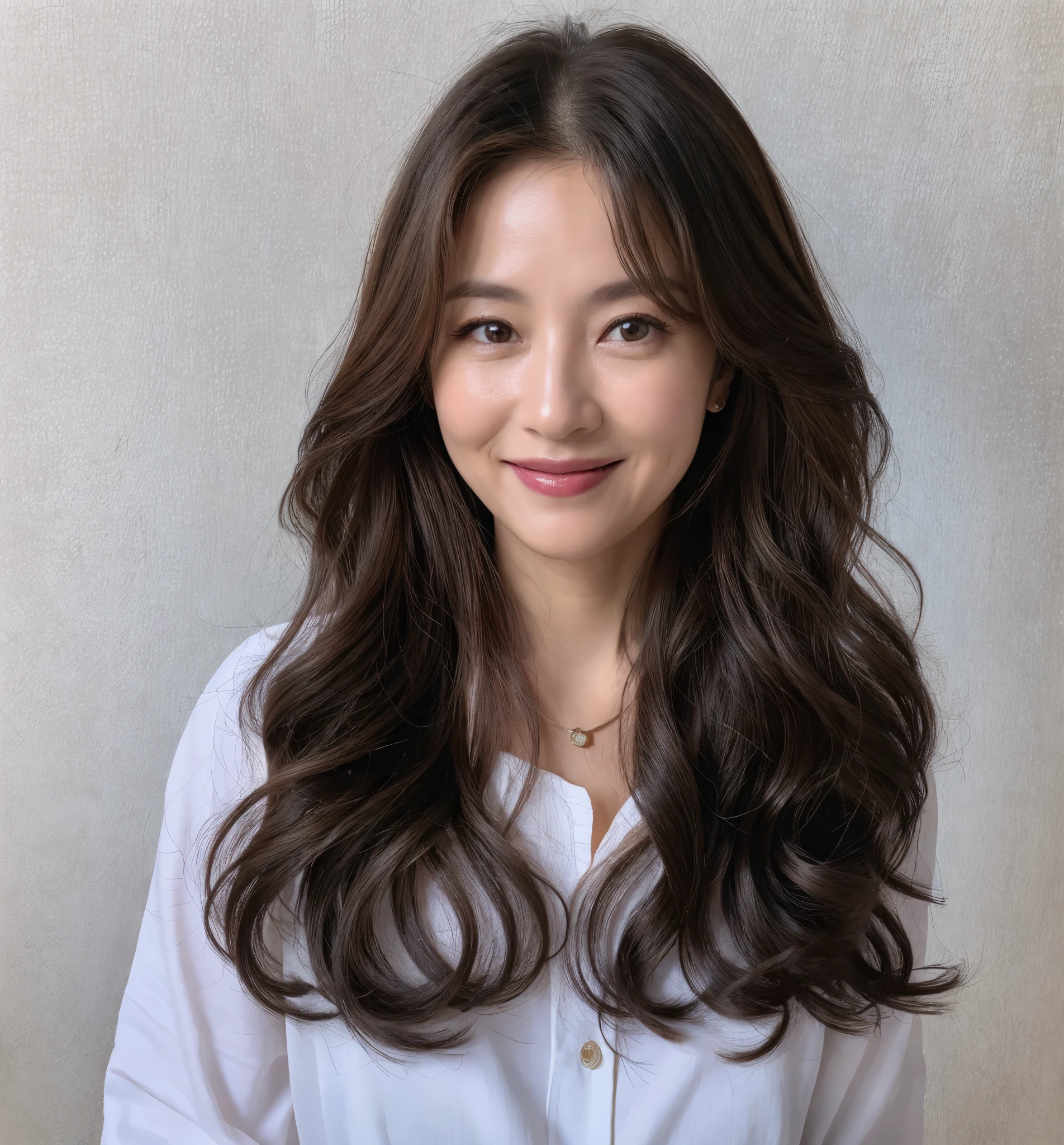 (In reality, high resolution:1.3, masterpiece, 8K, best quality, ultra detailed, studio shoot, photo realistic:1.4, photography ),
40 years old korean woman looking at viewer,looking at viewer, smile very beautiful appearance, wavy hair, glossy hair,realistic eyes, Ultra-Detailed Face, Detailed Lips, normal hand, glossy lips, Highly detailed facial and skin texture, simple background