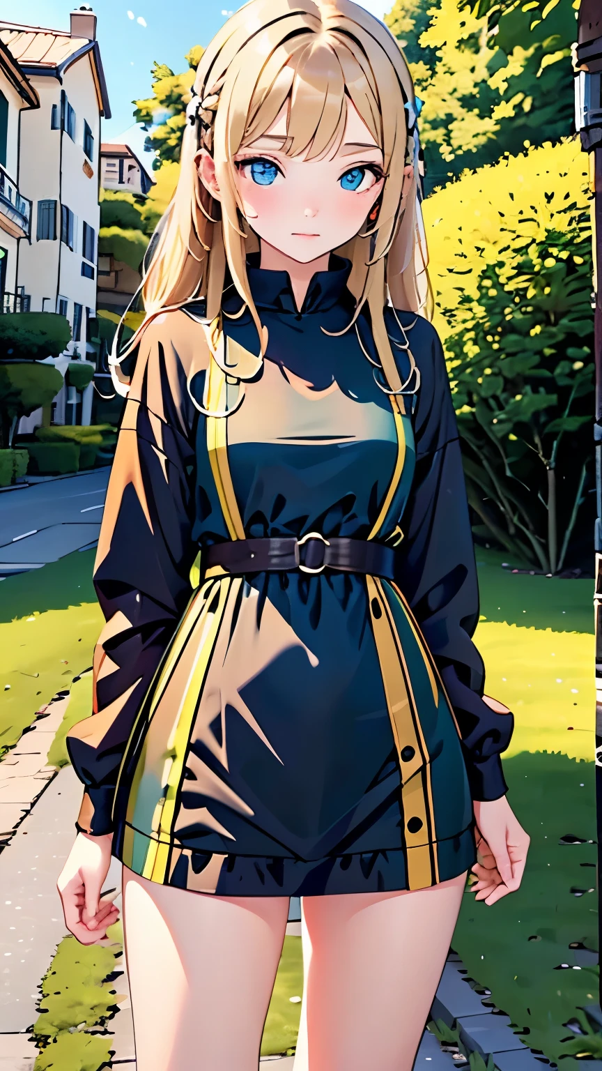 Beautiful 13 year old german ager, blue or green eyes, blonde, developer, mini dress, (white tight antenna, realistic colors, sunrise