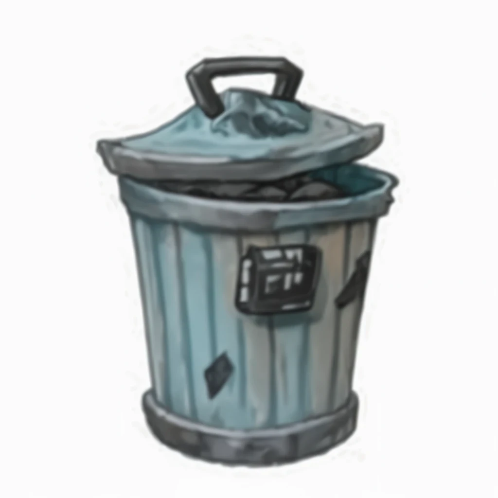 Very dirty, shattered, shattered trash cans, rotten fish bones, cartoon, Hand Painted, cartoon rendering style