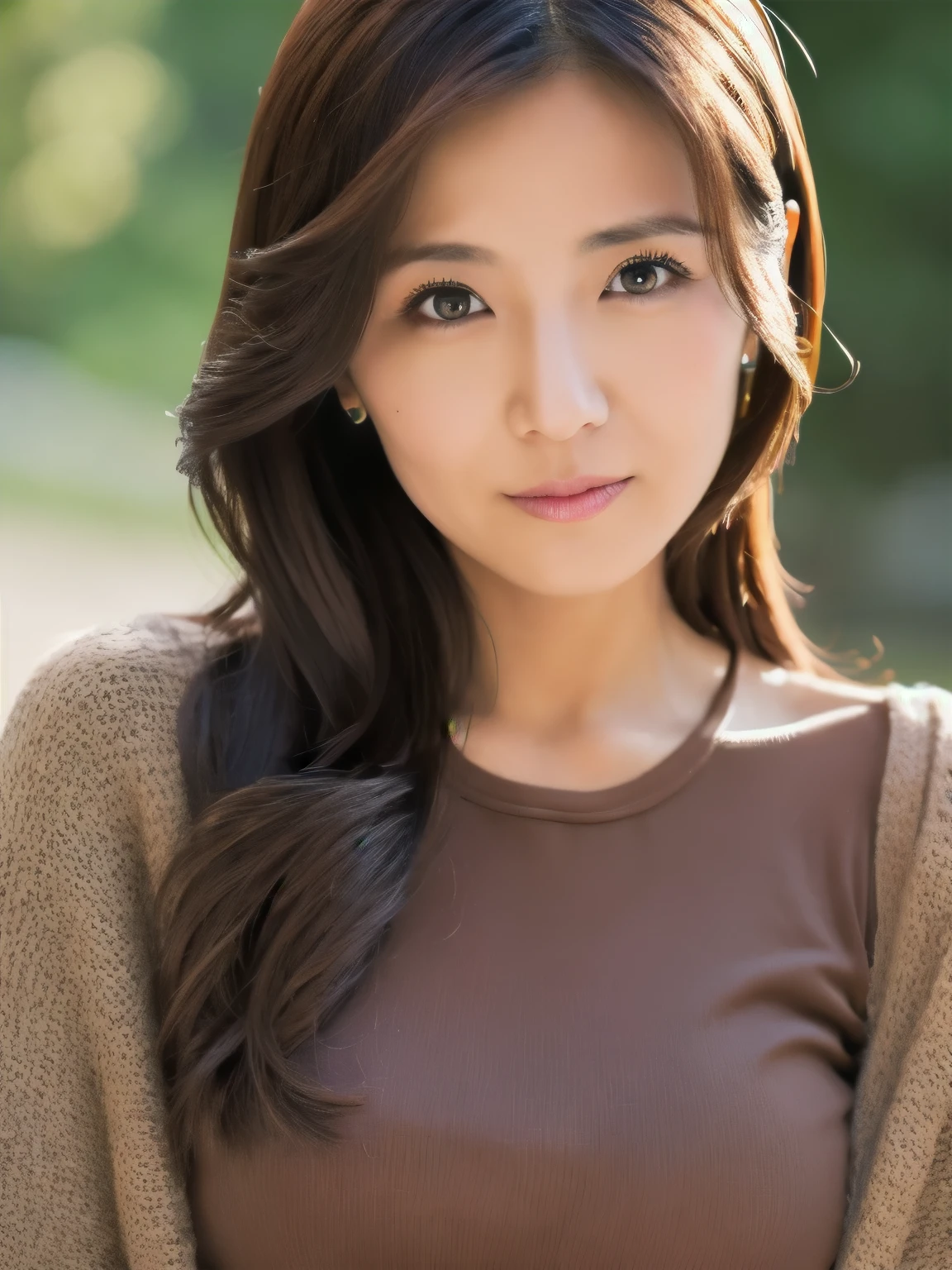 a Japanese lady, 35 years old, (realistic), (hyperrealism), (photorealistic), (8K resolusion), depth of field, (upper-body:1.2), super detailed face, detailed eyes, cute face, various face expression, various hair style, (small breasts:0.6), (very thin waist:0.7), casual outfit