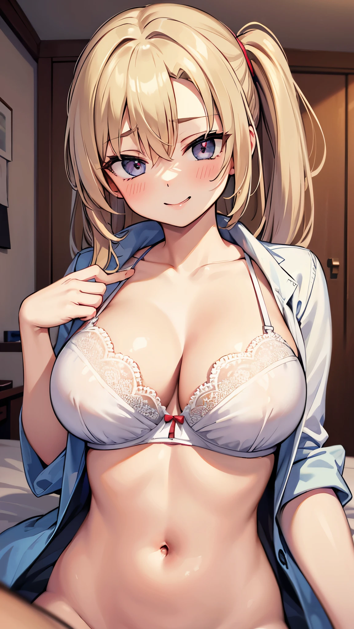 cute, happy, playfull, pov, on top of man, big breasts, bigger breasts, shy, bedroom, bed, mouth_hold, navel, shirt, bra, Tsunade