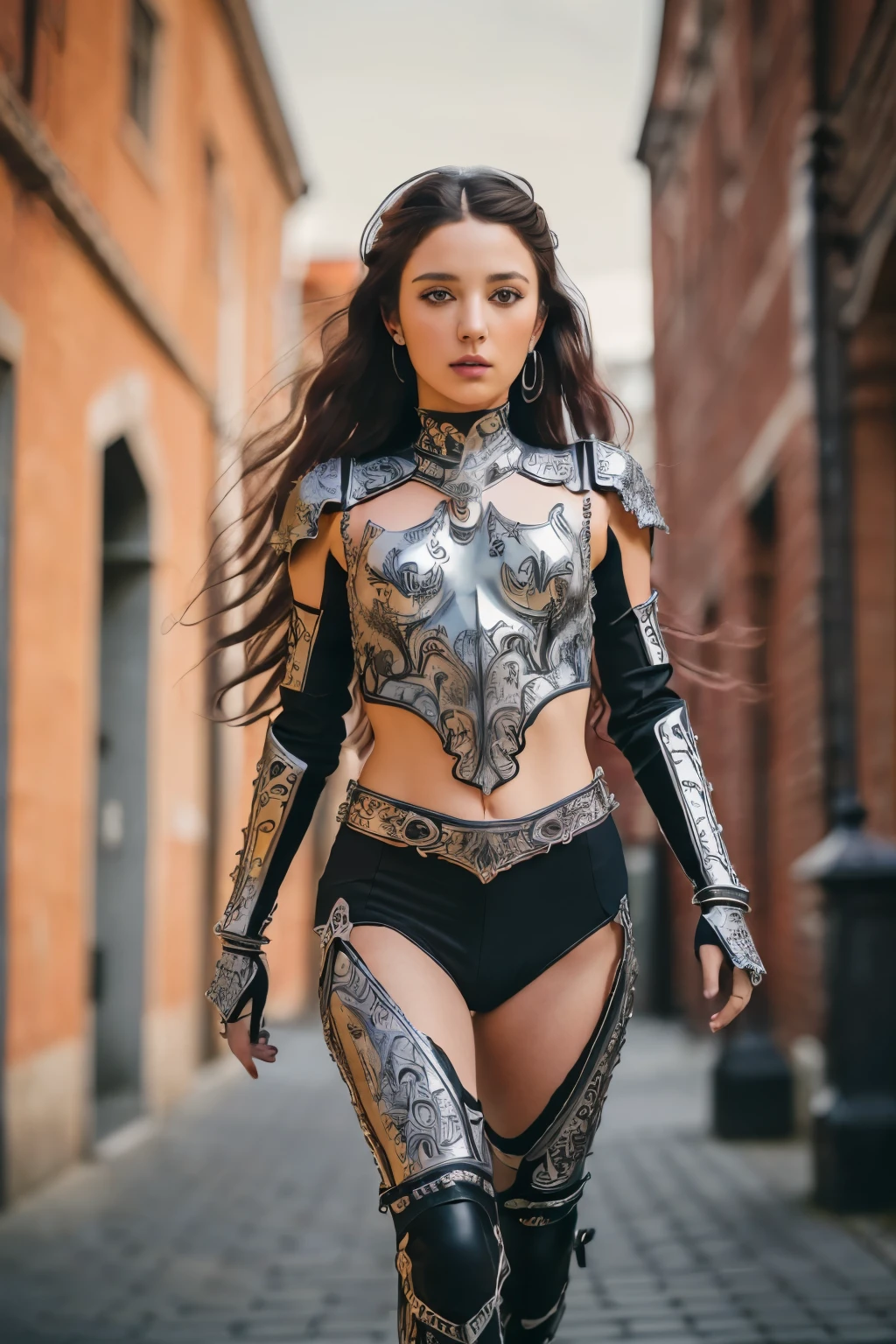 (8k, highest quality:1.2), (masterpiece:1.37), (photograph, photographrealistic:1.37), (ultra high resolution), whole body, walking pose, Photographed from the front, Slow motion, female paladin wearing the whole body, red and black gothic clothing,bondage clothing,clothes like kamen rider,(light silver armor:1.2),(Ornately decorated armor), (Extremely detailed, bloom:1.5), (highest quality, Alessandro Casagrande, greg latkowski, Sally Mann, concept art, 4k), (analog:1.2), (high sharpness), (detailed pupil:1.1),Lady, detailed face and eyes, masterpiece, highest quality, (highly detailed photograph:1.1), (long curly hair,black hair,crazy:1.1), (young woman:1.1), sharp, (perfect body:1.1), realistic, true shadow, 3D, (Western-style building background:1.2), (by Michelangelo), photographgraphed by Canan EOS R6, 135mm, 1/1250s, f/2.8, ISO400