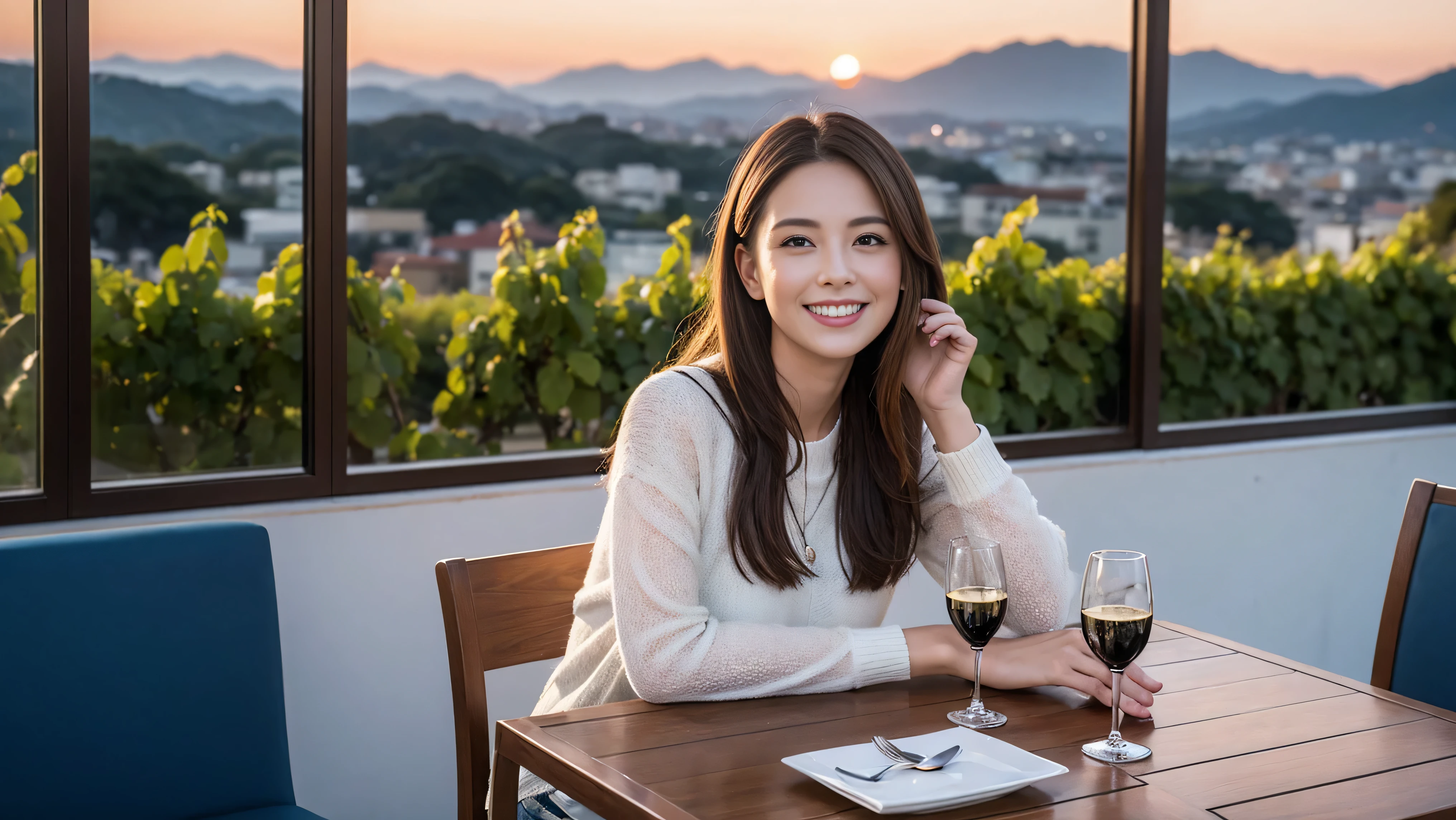 (including 64k, nffsw, highest quality, table top: 1.2), (realistic, photorealistic: 1.37), Spectacular view of the sunset sky and clouds、Amazing mountain views、long sleeve shirt、winter fashion、Columbia、Brazilian、Japanese、Dutch、German、Portuguese、Belgian、Italian、French,Champagne、sparkling wine、 (slimフェイス), (slimボティ), (brown hair), (shortcut), neat beauty、cheeks turn a little red, (35 years old), 38 years old, alone, 窓の外には美しく緻密なnight景が広がります., restaurant, wine glassが座っている, nightに, in a prominent place (from the Upper body) nova frog style, actress, model, Upper body, White wine, slim, wine glass, Super Clean night View, wine glass Put in the Middle, Happy smile, (smile: 1.15), beautiful and detailed eyes, Upper body, bust japan up, night, short, short, actress, model, Upper body, White wine, slim, wine glass, Super Clean night View, wine glass Put in the Middle, Happy smile,