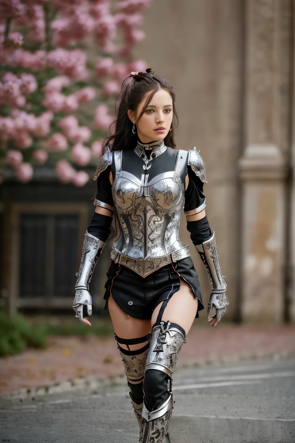 (8k, highest quality:1.2), (masterpiece:1.37), (photograph, photographrealistic:1.37), (ultra high resolution), whole body, walking pose, Photographed from the front, Slow motion, female paladin wearing the whole body, red and black gothic clothing,bondage clothing,clothes like kamen rider,(light silver armor:1.2),(Ornately decorated armor), (Extremely detailed, bloom:1.5), (highest quality, Alessandro Casagrande, greg latkowski, Sally Mann, concept art, 4k), (analog:1.2), (high sharpness), (detailed pupil:1.1),Lady, detailed face and eyes, masterpiece, highest quality, (highly detailed photograph:1.1), (long curly hair,black hair,crazy:1.1), (young woman:1.1), sharp, (perfect body:1.1), realistic, true shadow, 3D, (Western-style building background:1.2), (by Michelangelo), photographgraphed by Canan EOS R6, 135mm, 1/1250s, f/2.8, ISO400