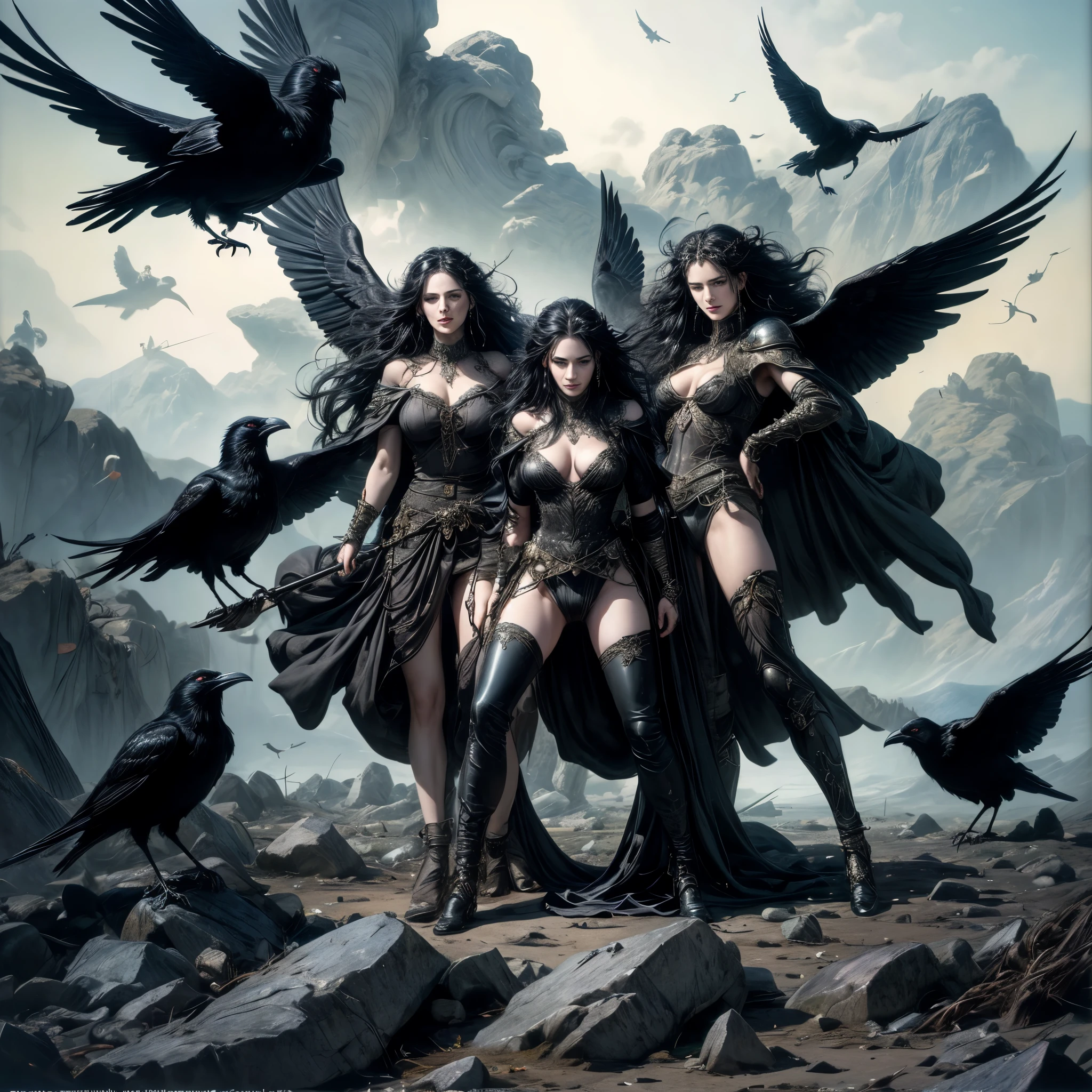 (best quality,4k,8k,highres,masterpiece:1.2),ultra-detailed, Irish Goddess the Morrigan, 3v4gr33n, raven black hair, cold dark eyes, standing on a celtic battlefield, sky filled with ravens, corpses on the ground, drawn in the style of Yoshitaka Amano, HDR, 8k, absurdres, cinestill 800, sharp focus, add_detail:2
