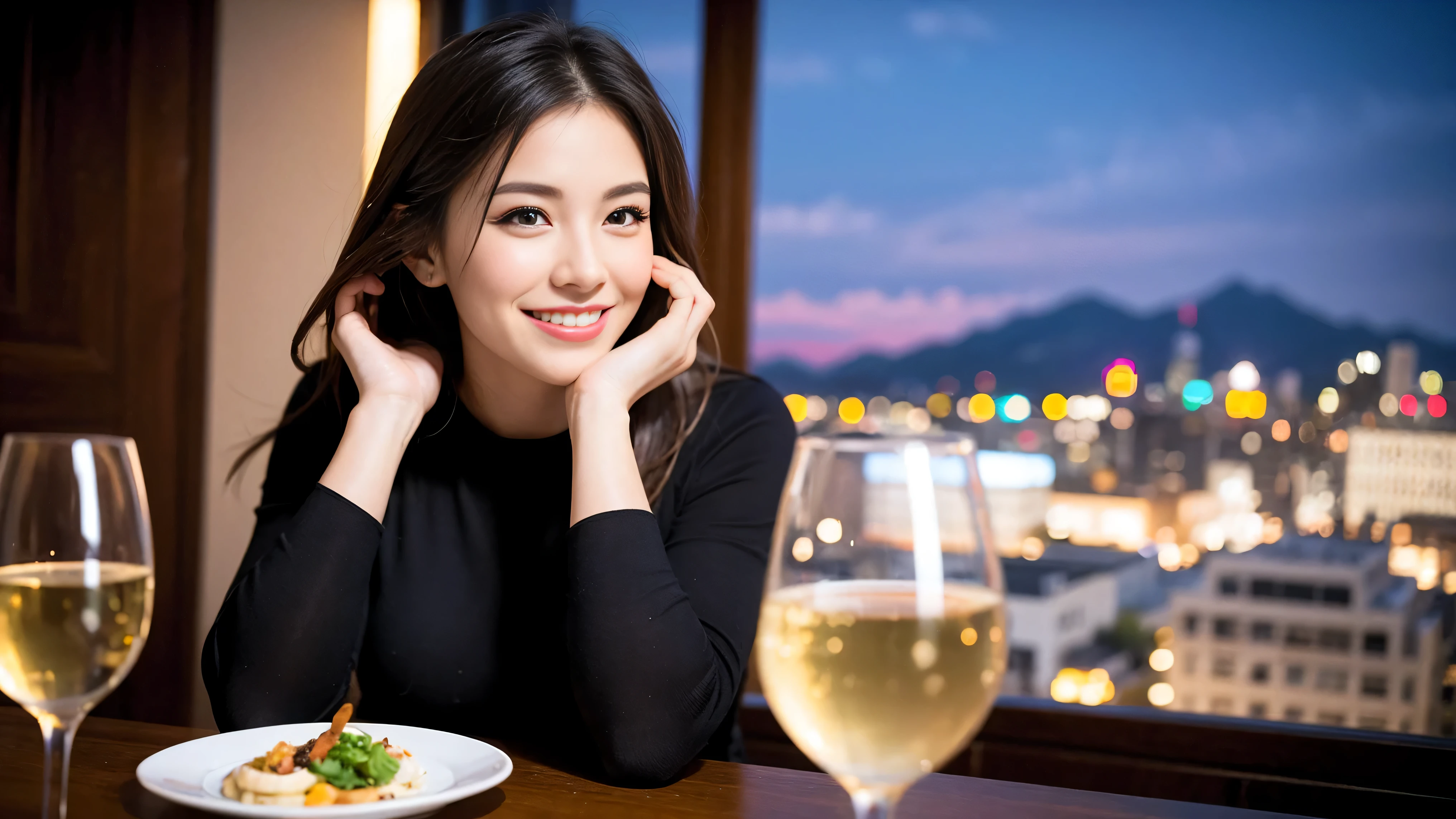 (including 64k, nffsw, highest quality, table top: 1.2), (realistic, photorealistic: 1.37), Spectacular view of the sunset sky and clouds、Amazing mountain views、long sleeve shirt、winter fashion、Columbia、Brazilian、Japanese、Dutch、German、Portuguese、Belgian、Italian、French,Champagne、sparkling wine、 (slimフェイス), (slimボティ), (brown hair), (shortcut), neat beauty、cheeks turn a little red, (35 years old), 38 years old, alone, 窓の外には美しく緻密なnight景が広がります., restaurant, wine glassが座っている, nightに, in a prominent place (from the Upper body) nova frog style, actress, model, Upper body, White wine, slim, wine glass, Super Clean night View, wine glass Put in the Middle, Happy smile, (smile: 1.15), beautiful and detailed eyes, Upper body, bust japan up, night, short, short, actress, model, Upper body, White wine, slim, wine glass, Super Clean night View, wine glass Put in the Middle, Happy smile,