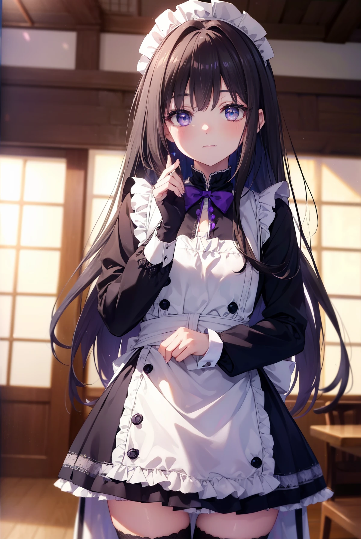 Takiuchi Kame, check it out, long hair, bangs, black hair,blush,smile, (purple eyes:1.2),
she was wearing a maid skirt, white stockings on her legs, and lace gloves. Dignified standing figure,
break indoors, Cafe,
break looking at viewer, (cowboy shot:1.5),
break (masterpiece:1.2), highest quality, High resolution, unity 8k wallpaper, (figure:0.8), (detailed and beautiful eyes:1.6), highly detailed face, perfect lighting, Very detailed CG, (perfect hands, perfect anatomy),