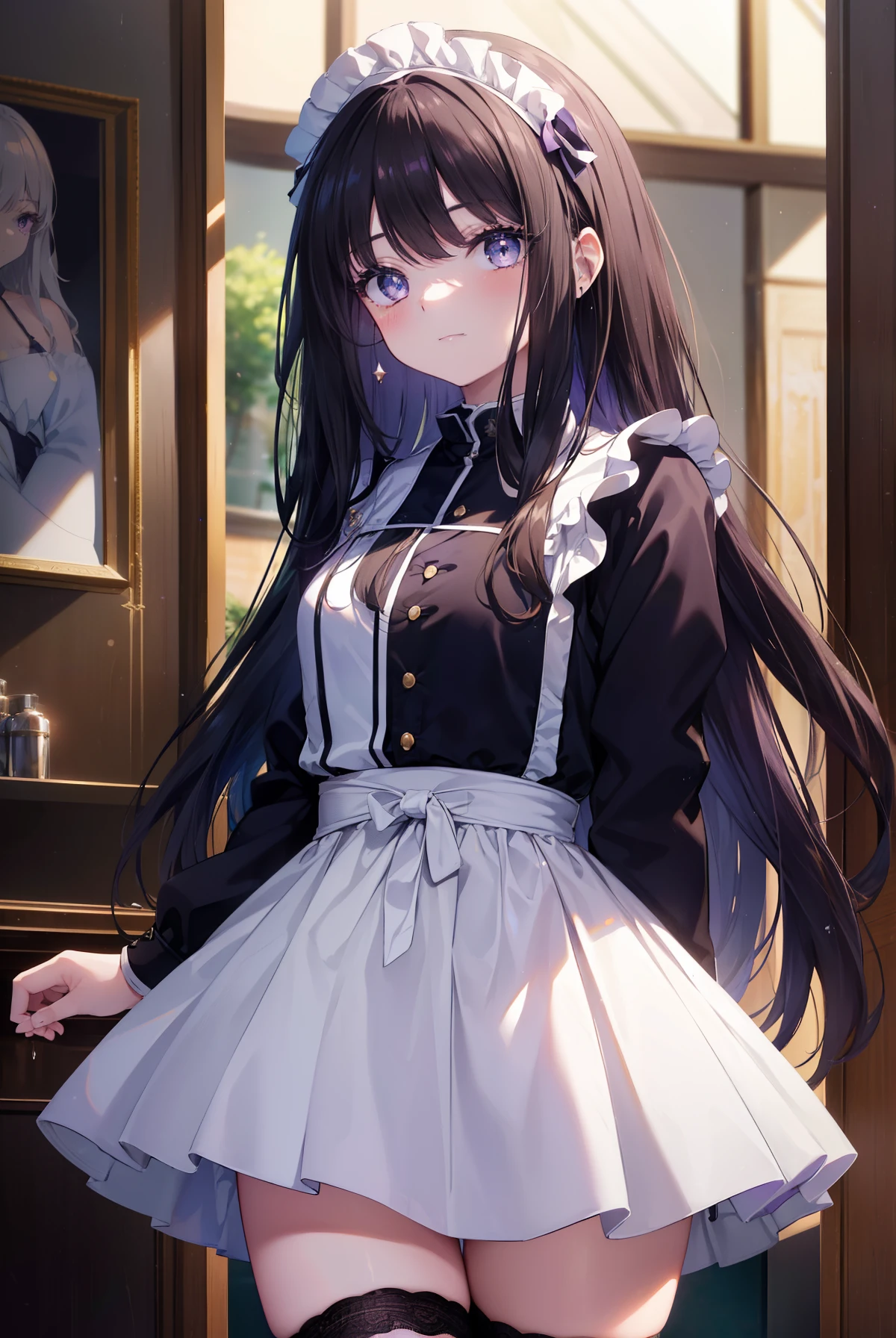 Takiuchi Kame, check it out, long hair, bangs, black hair,blush,smile, (purple eyes:1.2),
she was wearing a maid skirt, white stockings on her legs, and lace gloves. 
break indoors, Cafe,
break looking at viewer, (cowboy shot:1.5),
break (masterpiece:1.2), highest quality, High resolution, unity 8k wallpaper, (figure:0.8), (detailed and beautiful eyes:1.6), highly detailed face, perfect lighting, Very detailed CG, (perfect hands, perfect anatomy),