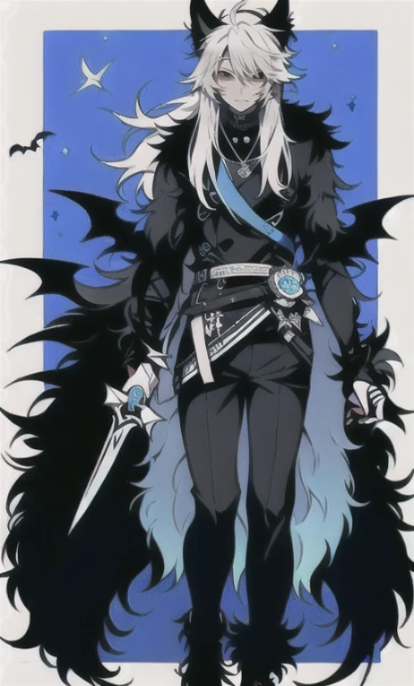 solo, 1boy,「white hair,cerulean blue」long hair, Demon knife, {{nighthawk mask}},  There&#39;s a man wearing a costume, {fox tail,}Apparition {one wing} Farson!!!!, furry Farson, furry characters, furry anime, Farson, furry paws furry, Furry shots, there is nothing, very hairy, furry artist, upright, [[[Anthropomorphic Nue]]] virtual youtuber, full body