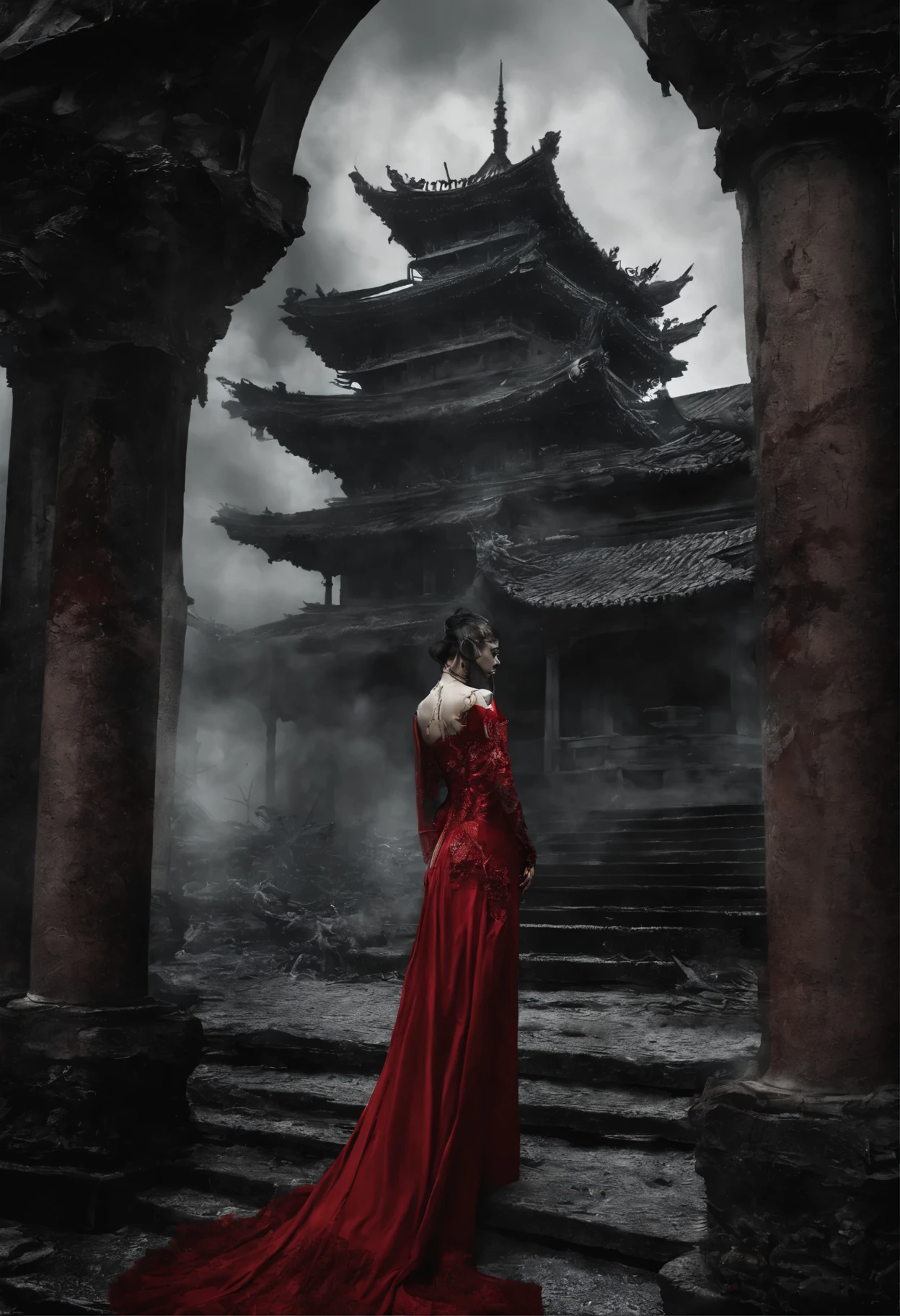 (best quality, masterpiece, hyper-actual, ultra high resolution, actual:1.4), Oriental ancient house in the background, damaged, shattered, Detailed facial features, 1 oriental girl, red clothes, Wedding dress, red veil, (Ethereal smoke:1.2), Upper body, beautiful girl, whole body, architecture