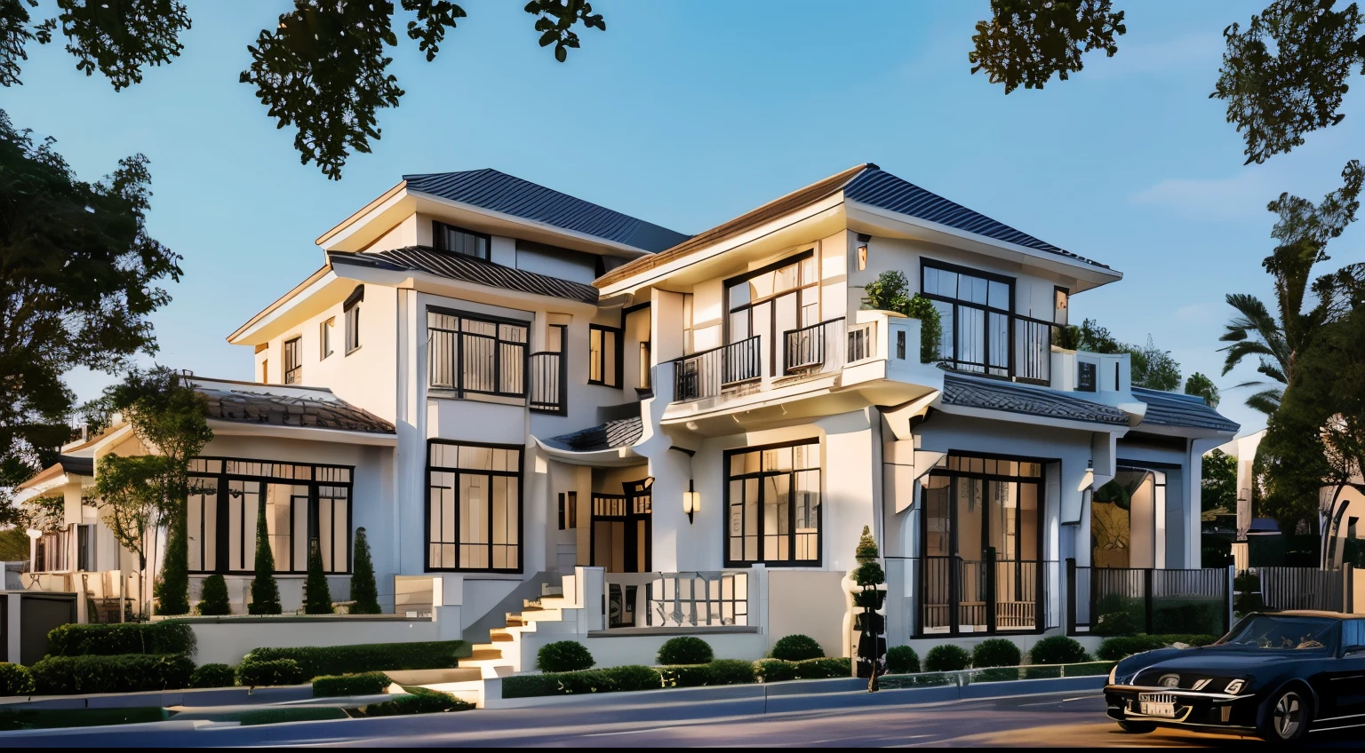 (Townhouse in city ,close houses and trees), (indochine style architecture) daylight ( best quality) ((high solution)) ,(( photo realistic)) ,warm light,  soft lighting, warm atmosphere,high Resolution, hyper detailed,4k ,vray render, octane render, hyper realistic, photography expert ,exterior design , professional photography, exterior photography,wide-angle shot , ultra detail , high Resolution , full frame, full body