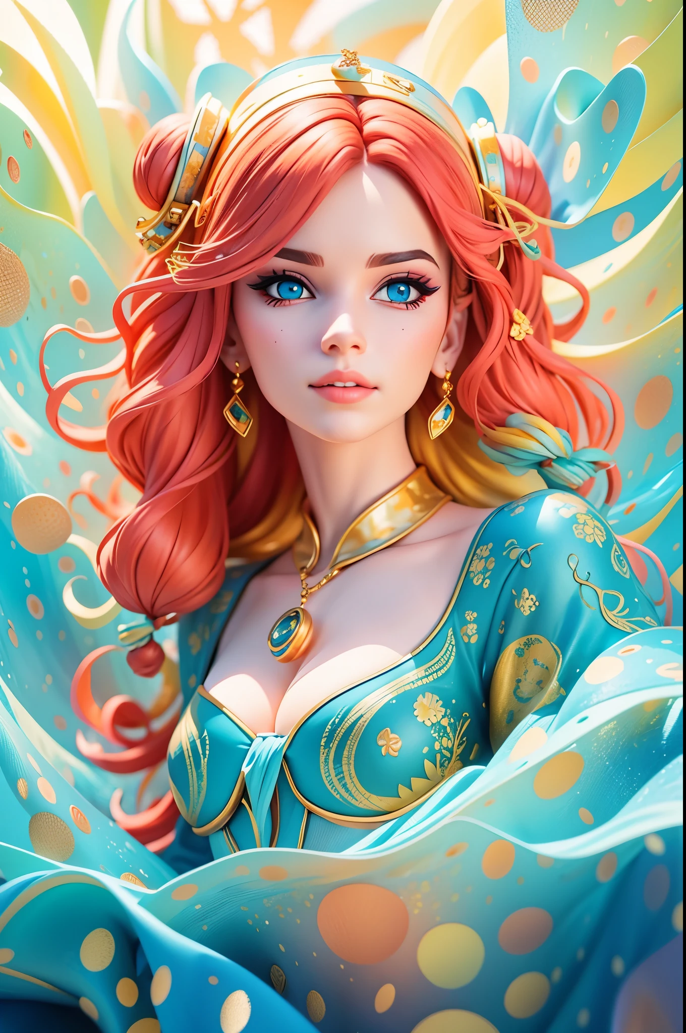 women,Eyes looking at the camera,Postmodern art,fantasy art,red hair,blue clothes,gold sequins,Undersea background,shadows, ray tracing, decoration, high resolution, strong outlines, colorful background, aggressive, beautiful (Illustration: 1.05), (film light: 1.1), cool aesthetic, aesthetic style, hard illustration, backwards, 8k, film Granules, Kodak Portra 800, f1. 8. Prime time, 3d rendering,