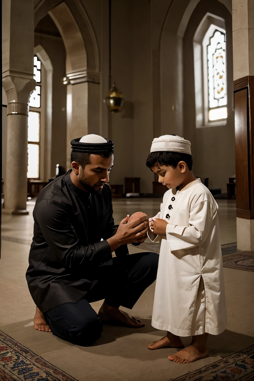 Islamic man and his boy prayer in mosque with in ramadan