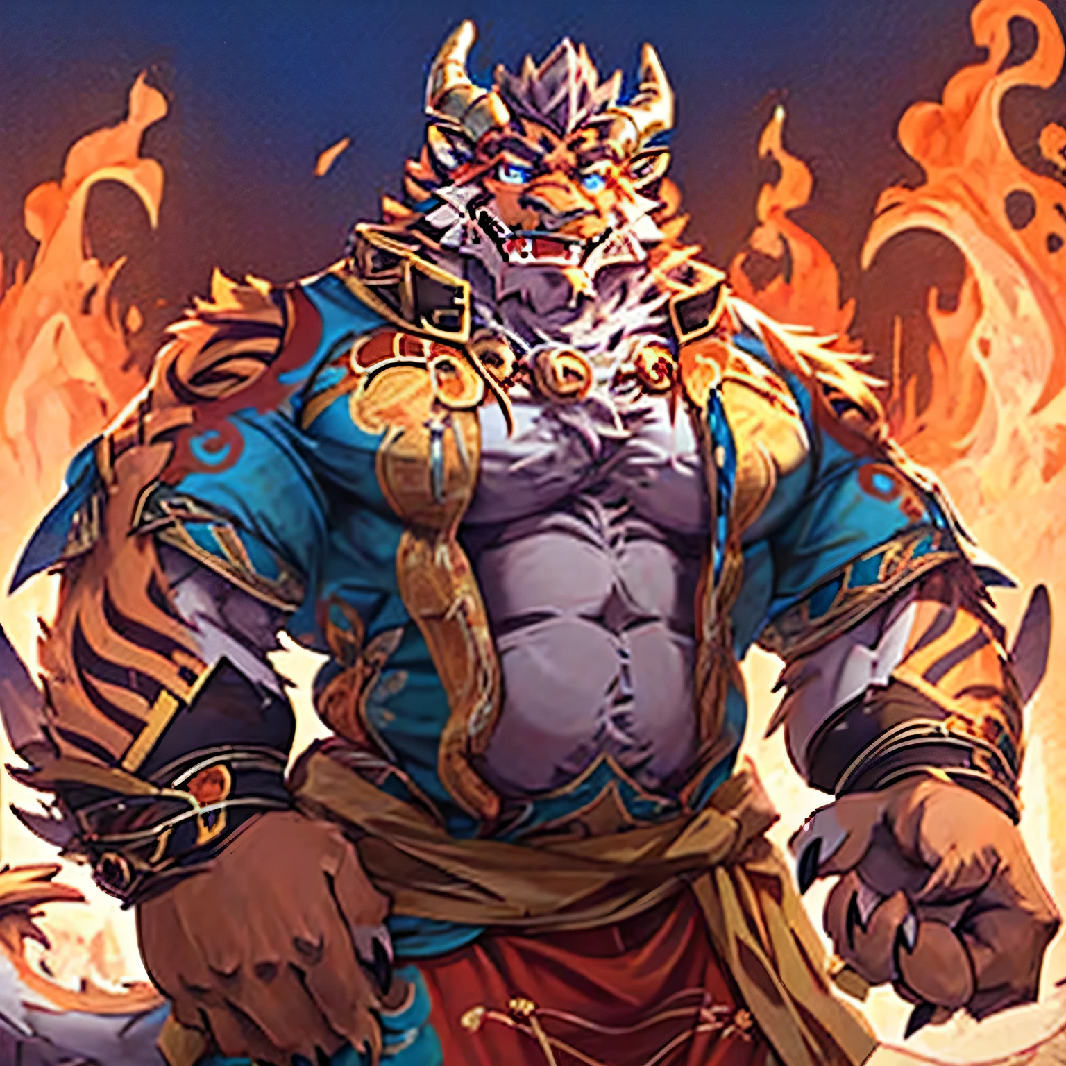 big breasts, male,Strong, huge bulge，Dragon horns and claws，fangs，chubby, hairy, Very plump, middle aged , Cover the mustache&#39;s mouth,thick beard, Tempting , detailed , Half of the body is exposed, very sexy,alone