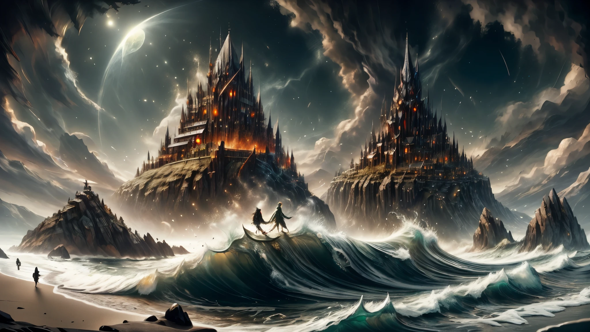 (masterpiece), 8k, best quality, panoramic view, book illustration, hooded, Wizard, old elf, wearing a dark green tunic, a leather belt and a magic bag, with his arm stretched forward, bringing a big wave, by magic, facing the sea wave, on the sand, from coast to beach, dragging an elf, a piece of wood
