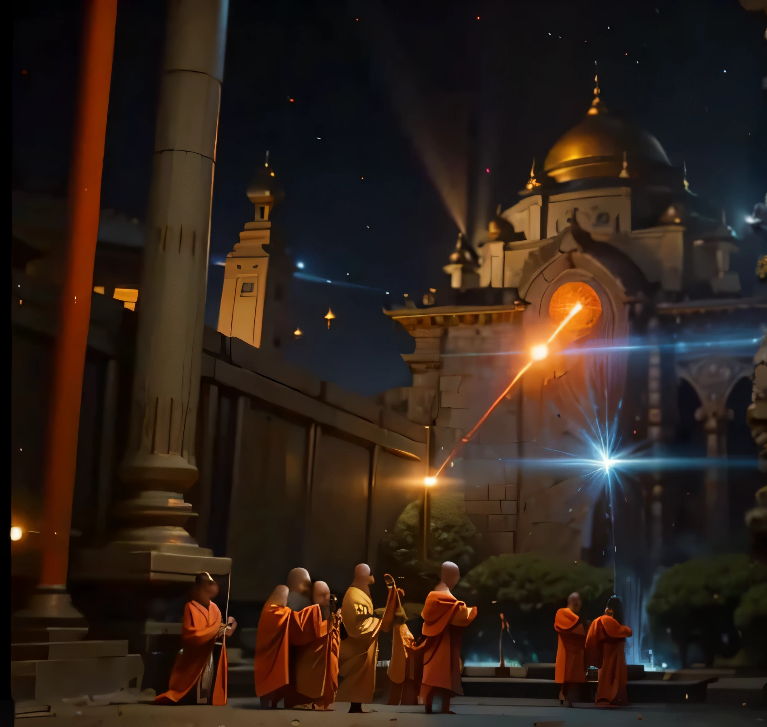 [[A group of young monk in orange shirts standing around field and sending thier power to create a large light circle blue barrier dome, protect the their home form ghost harm]],light blue sphere barrier dome, firing light magic power into a the sky, large force-field barrier, Ultra-realistic, 8D, glowing orange lasers,light blue barrier, barrier,holy barrier, very powerful,Mythical