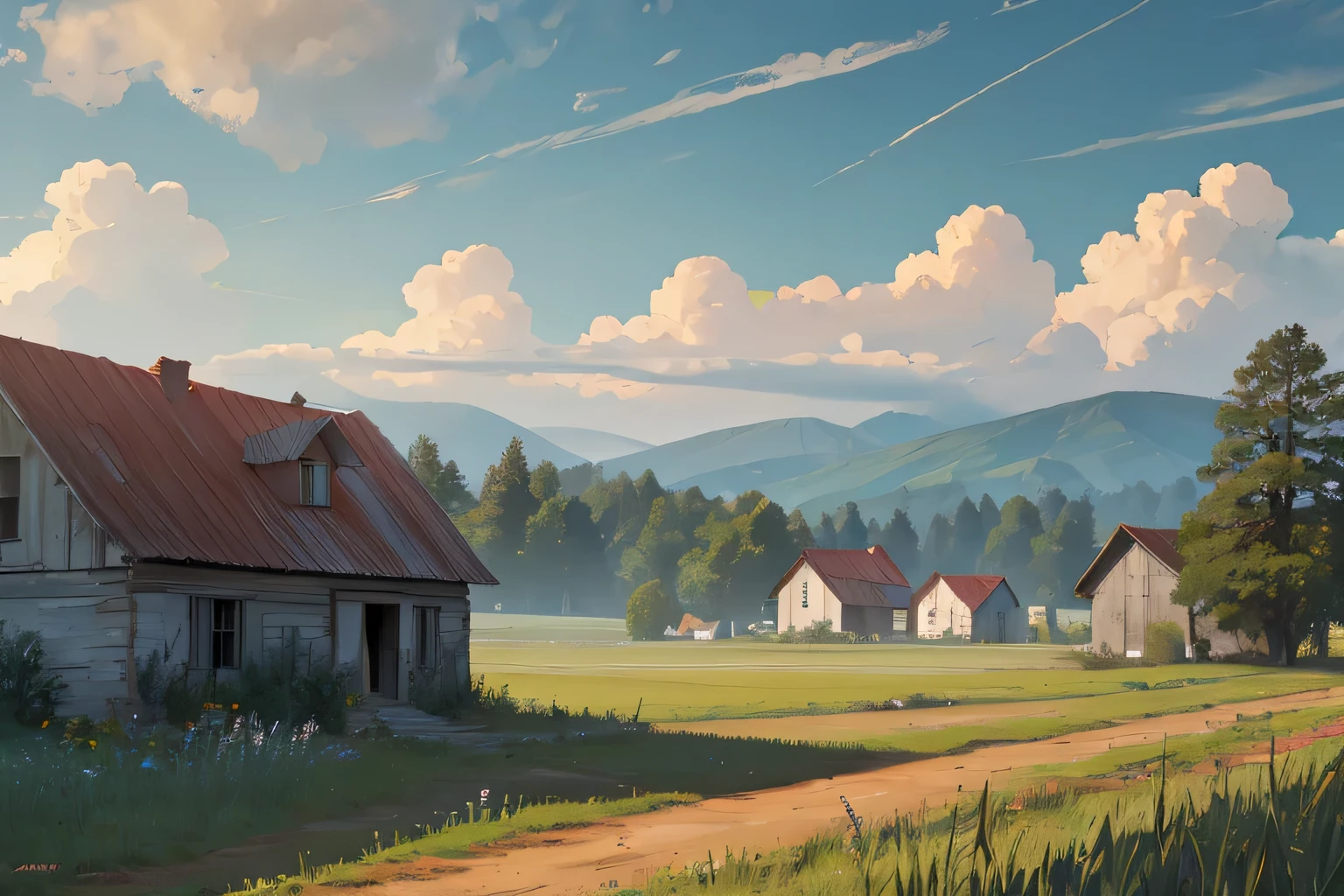 Abandoned old Russian house, conceptual art, against the backdrop of a natural landscape, Forests and fields, sunny day, with a backpack, Realism of the image, very detailed, cloudy sky