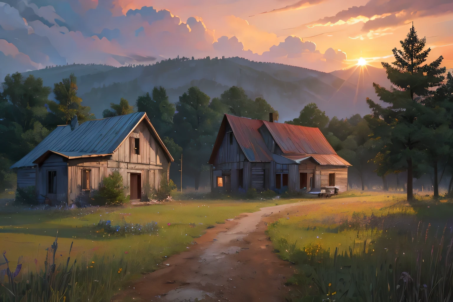 Abandoned old Russian house, conceptual art, against the backdrop of a natural landscape, Forests and fields, sunset, with a backpack, Realism of the image, very detailed, cloudy sky