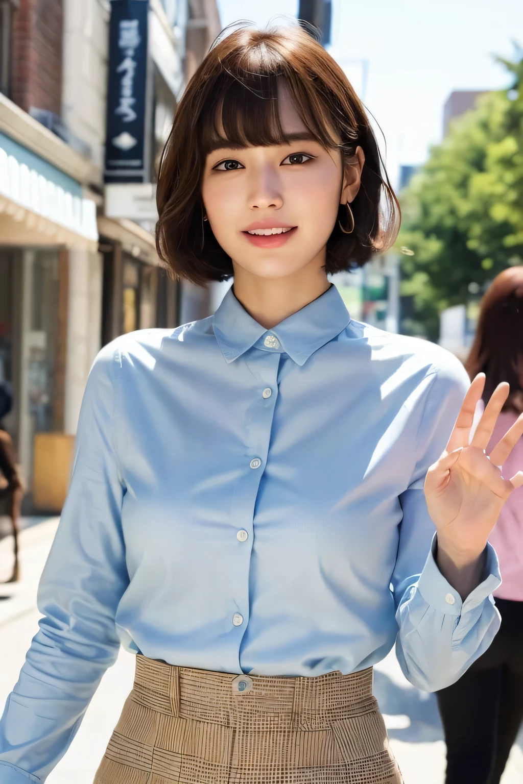 (8 thousand, RAW photos, top quality, masterpiece: 1.2), very detailed, super resolution, (really, really photos: 1.37), portrait, High quality RAW color photos, professional photography, Very detailed and beautiful.., very detailed, 8 thousand wallpapers, amazing detail, huge file size, official art, very detailed CG Unity 8 thousand wallpapers, very detailed beautiful girls, very detailed facesHighly detailed eyes, very detailed skin, very detailed fingers, very detailed nose, very detailed mouth, complete anatomy, very detailed background, very detailed clothing, one girl, (18:1.2), heartbreak, cute girl, Japanese famous idol, cute, reallyistic body, , White skin, glowing skin, slim body, handsome body, brown hair, short curly hair, (blunt bangs: 1.2) , laugh, cute, young, pretty face, reallyistic face, delicate eyes, droopy eyes, white shirt, skirt, earring, camera gaze, cowboy shot, looking straight ahead, standing, contrast, high street, dynamic lighting,