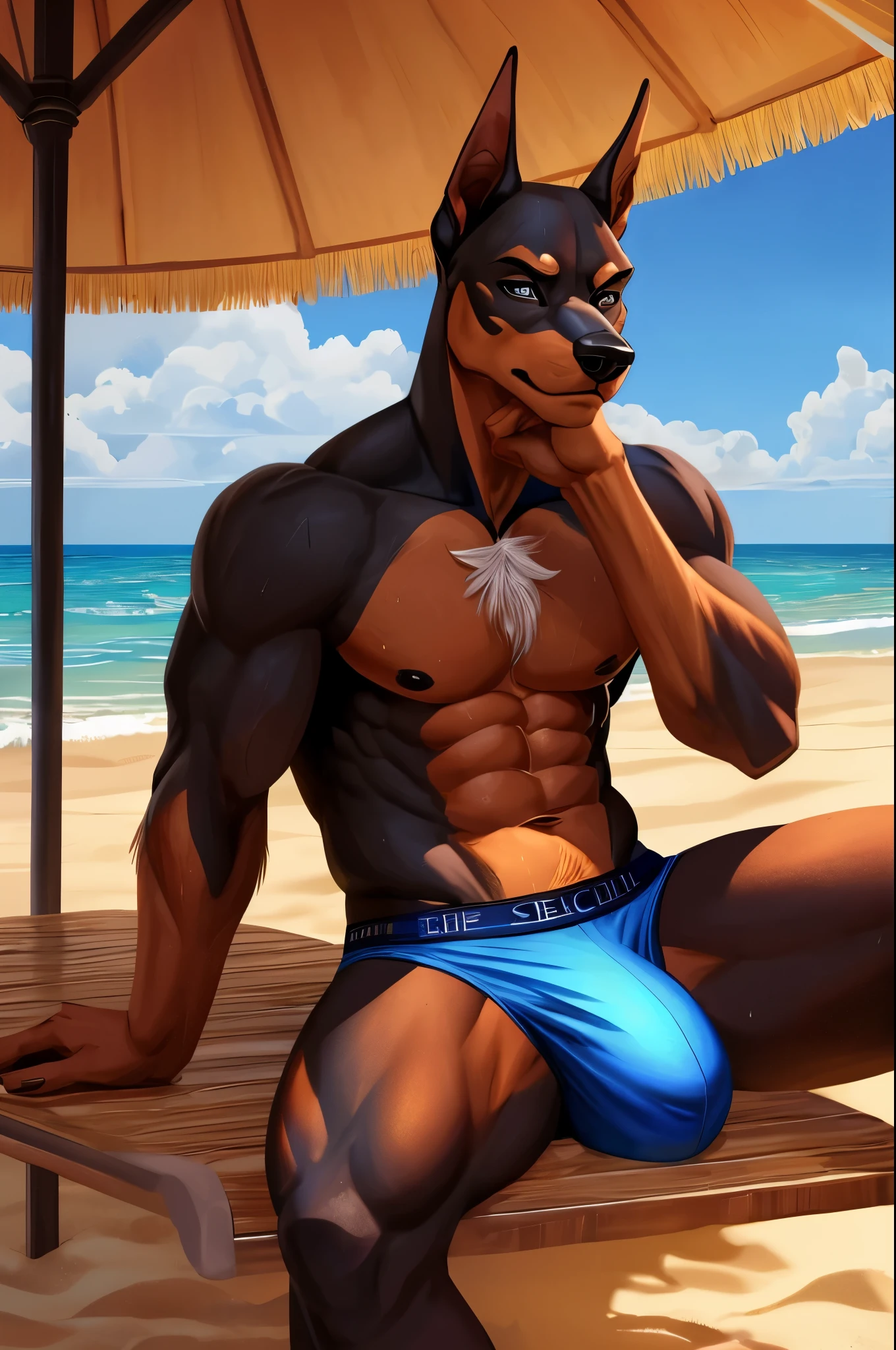 dobermann, sexy, wearing blue underwear, big bulge, masculine, chest tuft, naked, solo, exposed, dominating, seductive, sweaty body, attractive, beach setting, sunny, sitting on sand, umbrella