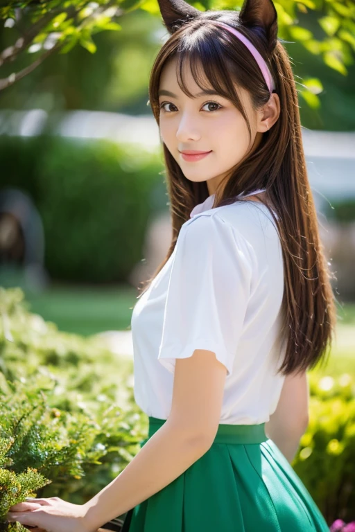 A girl in a garden,mejiro_Bright-000001:1,Uma Musume,horse ears,horse tail,brown eyes,brown hair,long hair,gentle smile,ear bows,frilled skirt,green skirt,high-waisted skirt,puffed short sleeves,light,slender,(Japanese:0.8),(best quality,4k,8k,highres,masterpiece:1.2),ultra-detailed,(realistic,photorealistic,photo-realistic:1.37),HDR,UHD,studio lighting,ultra-fine painting,sharp focus,physically-based rendering,extreme detail description,professional,vivid colors,bokeh,portraits.