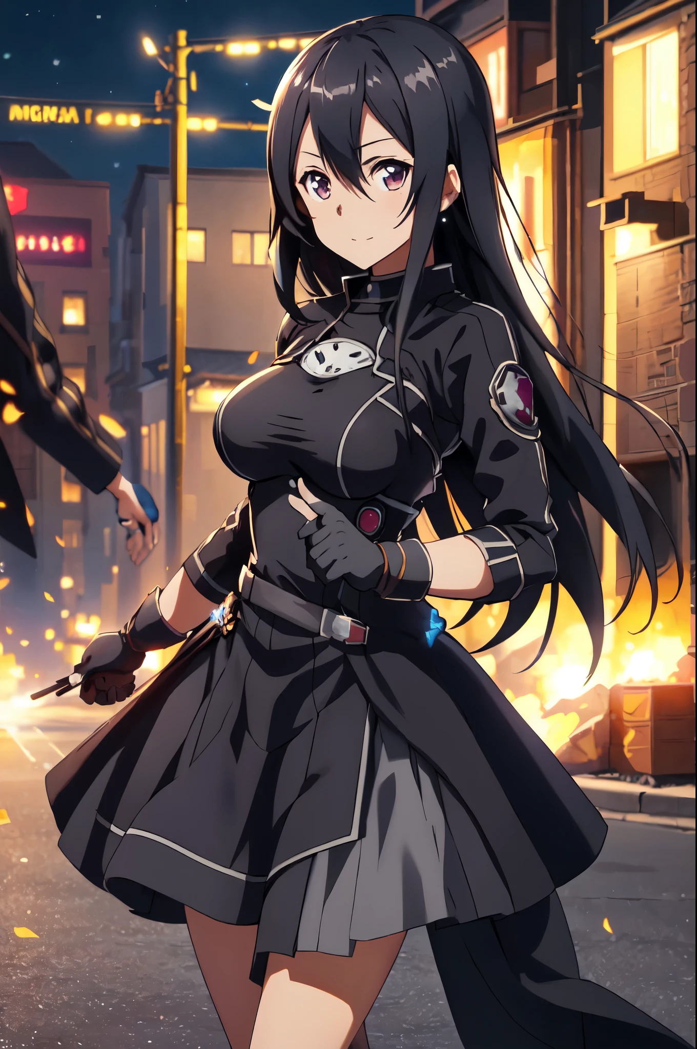 1girl, beautiful kirito_ggo, long hair, black hair, brown eyes, perfect proportion, large breast, seductive girl, outdoors, kirito_suit, night,city , volumetric lighting, best quality, masterpiece, intricate details, tonemapping, sharp focus, hyper detailed, trending on Artstation