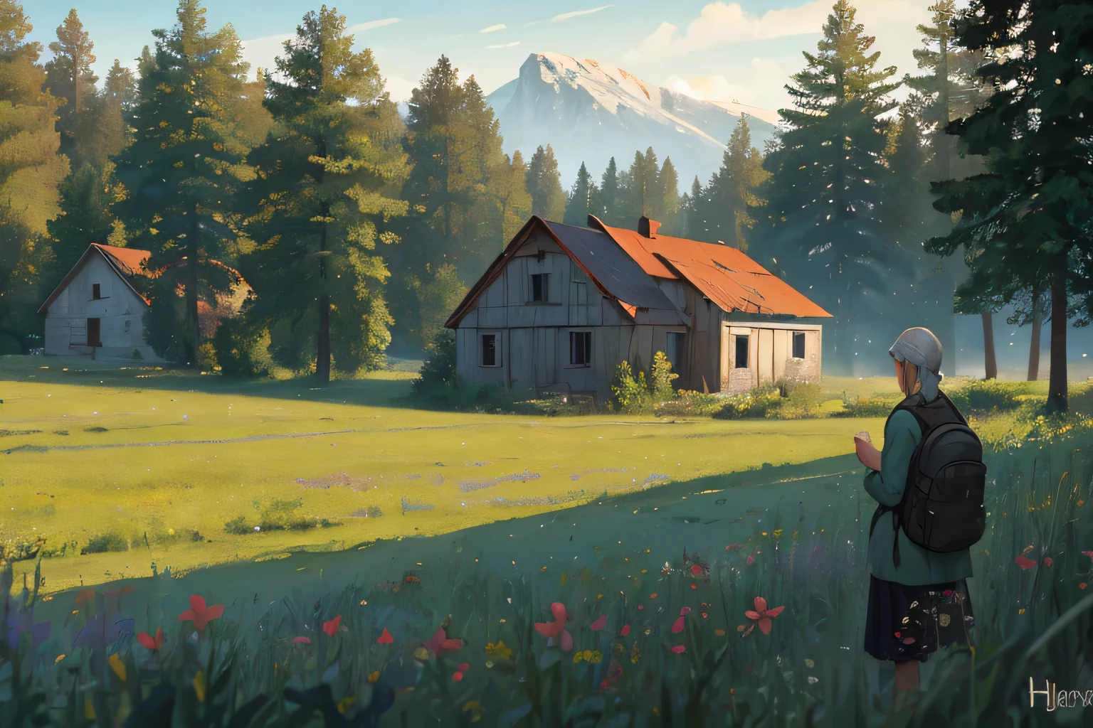 Abandoned old Russian house, conceptual art, against the backdrop of a natural landscape, Forests and fields, sunny day, Old lady in DayZ style, with a backpack, Realism of the image, very detailed,