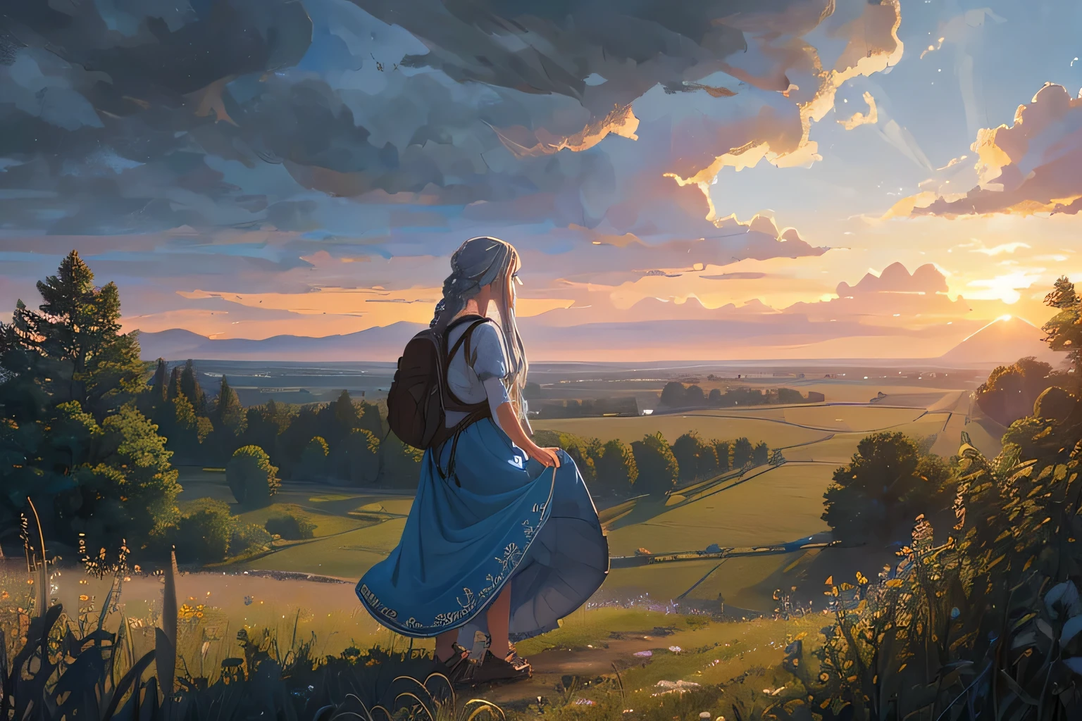 in the foreground is a 12 year old girl., Blue eyes, with long silver straight hair, braided, in a blue sundress with silver embroidery., Abandoned old Russian house, conceptual art, against the backdrop of a natural landscape, Forests and fields, sunset, with a backpack, Realism of the image, very detailed, cloudy sky
