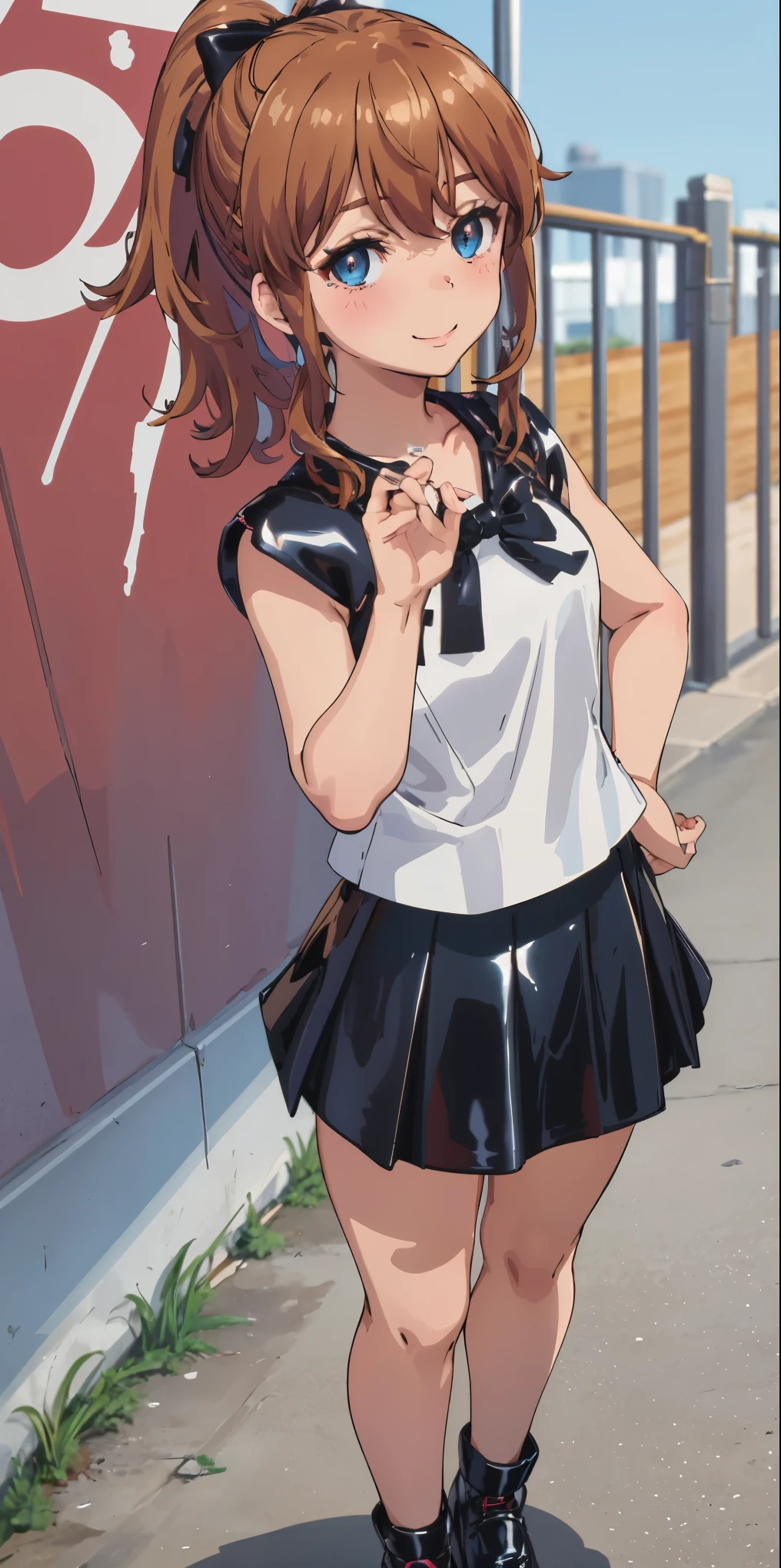 best quality, (masterpiece:1.2), highly detailed, standing, street,
1girl, solo, akatsuki minami,
looking at the viewer, closed mouth, smile, slight blush,
blue eyes, brown hair, ponytail, hair bow, sleeveless, ((dominant girl, latex skirt,  latex shirt))